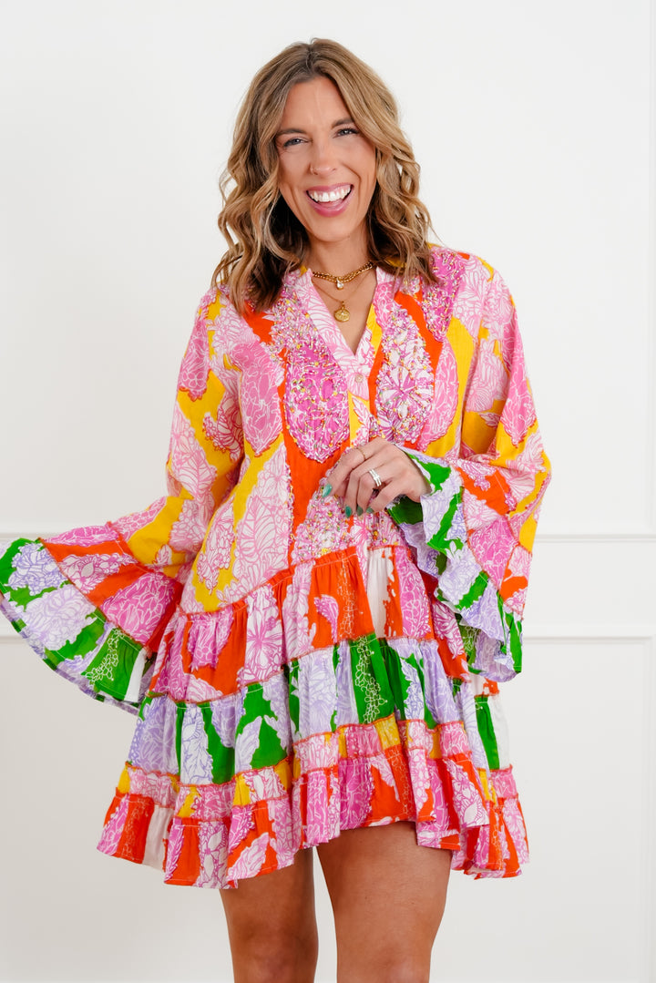 POL Multi Color Print Long Sleeve Button Down Midi Dress