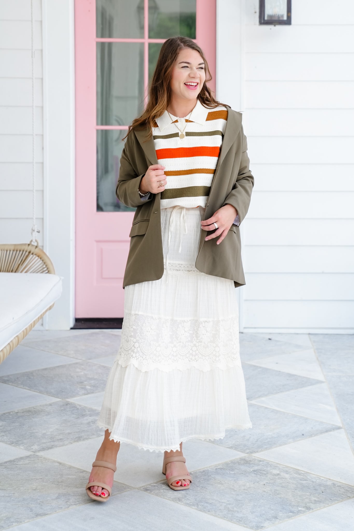 Stripe Short Sleeve Collared Sweater Top
