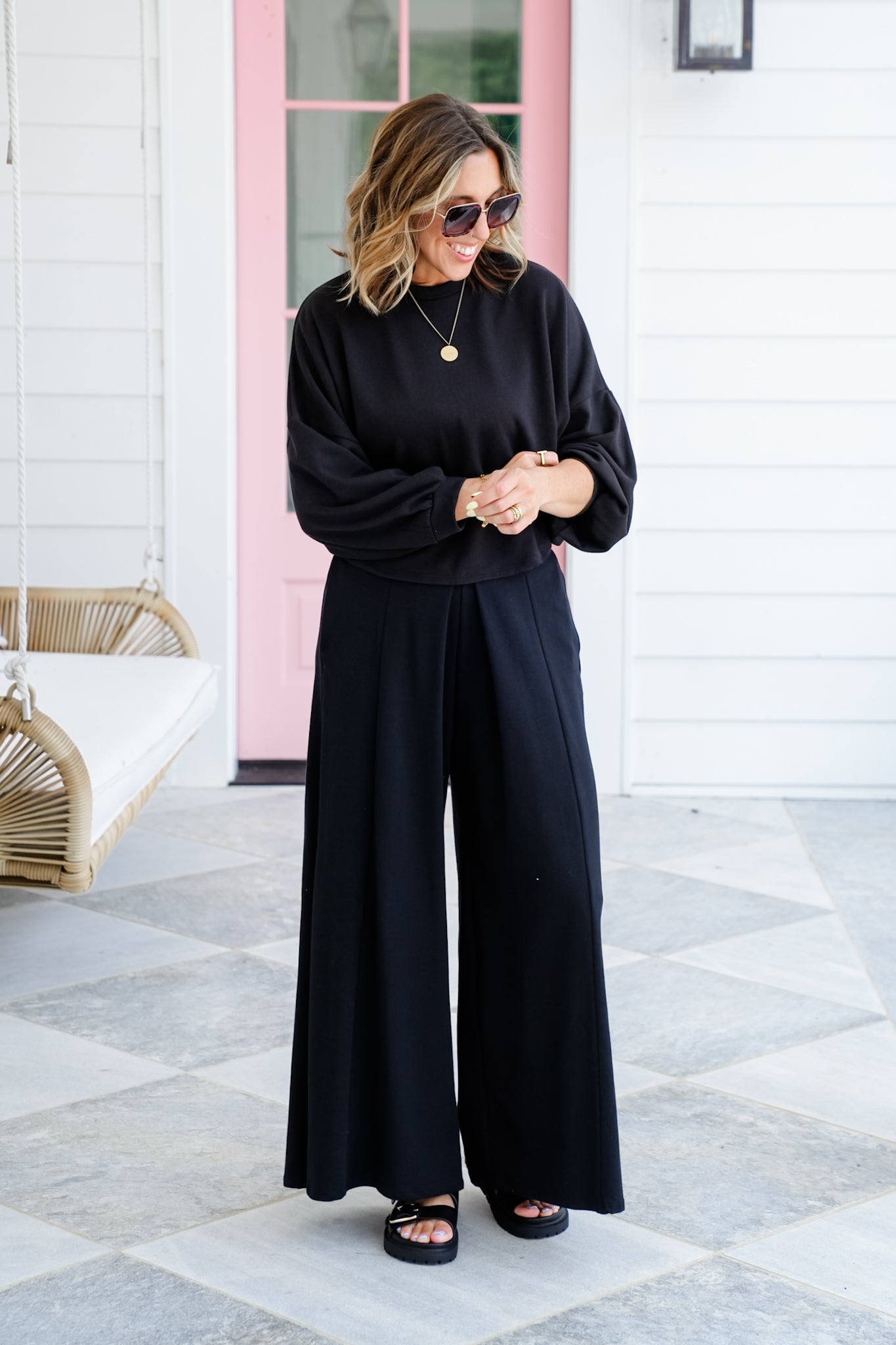 Plus/Reg Solid Long Sleeve Top and Wide Leg Pants Set