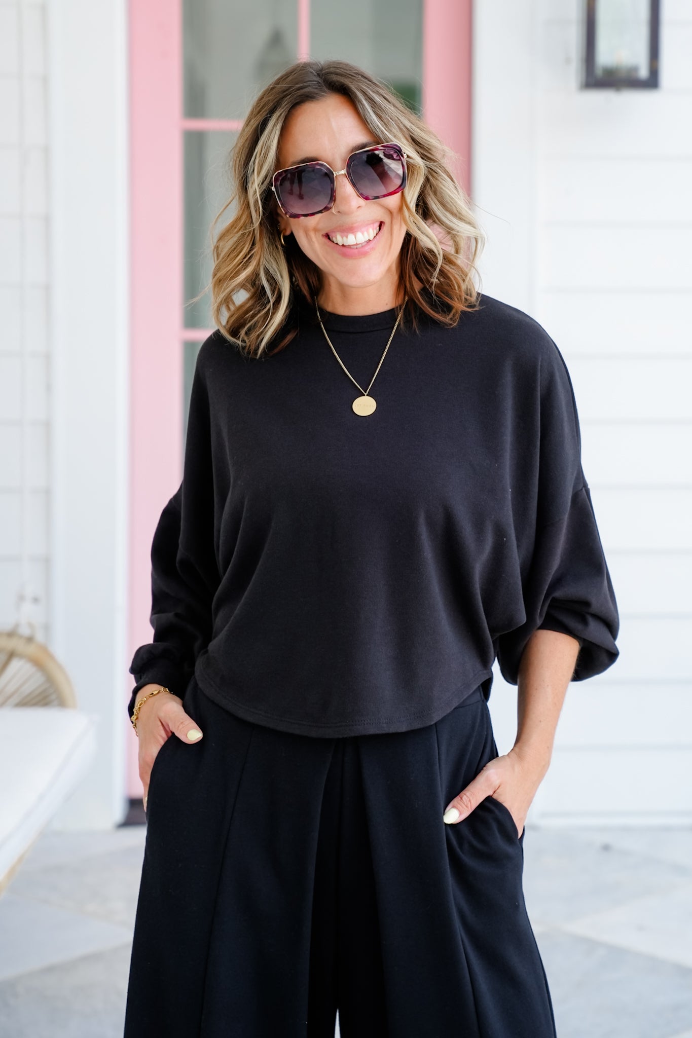 Plus/Reg Solid Long Sleeve Top and Wide Leg Pants Set
