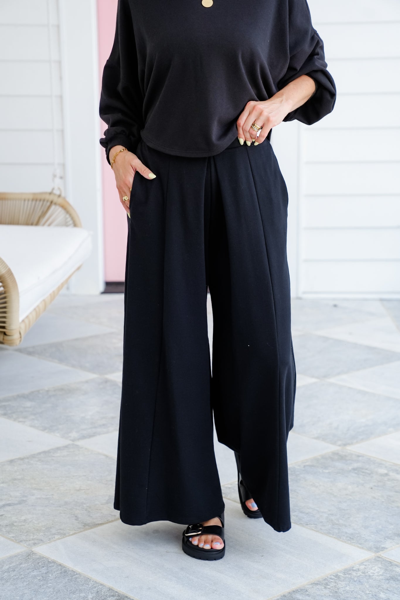 Plus/Reg Solid Long Sleeve Top and Wide Leg Pants Set