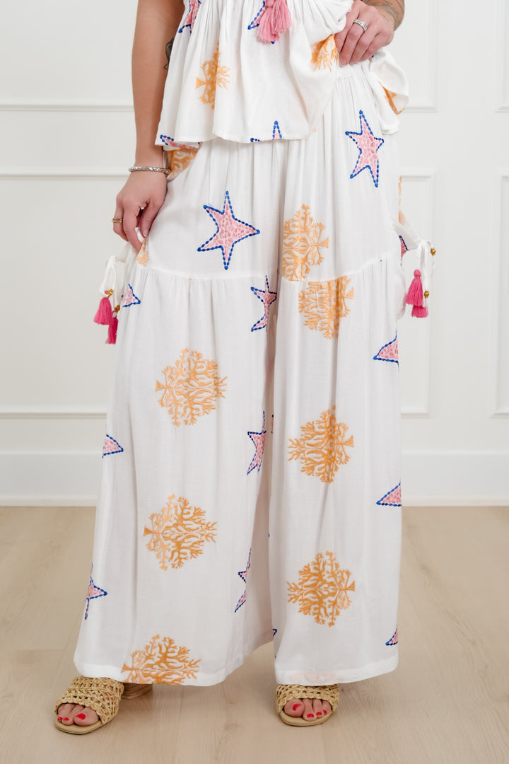 POL Star Embroidered Elastic Waist Wide Leg Pants
