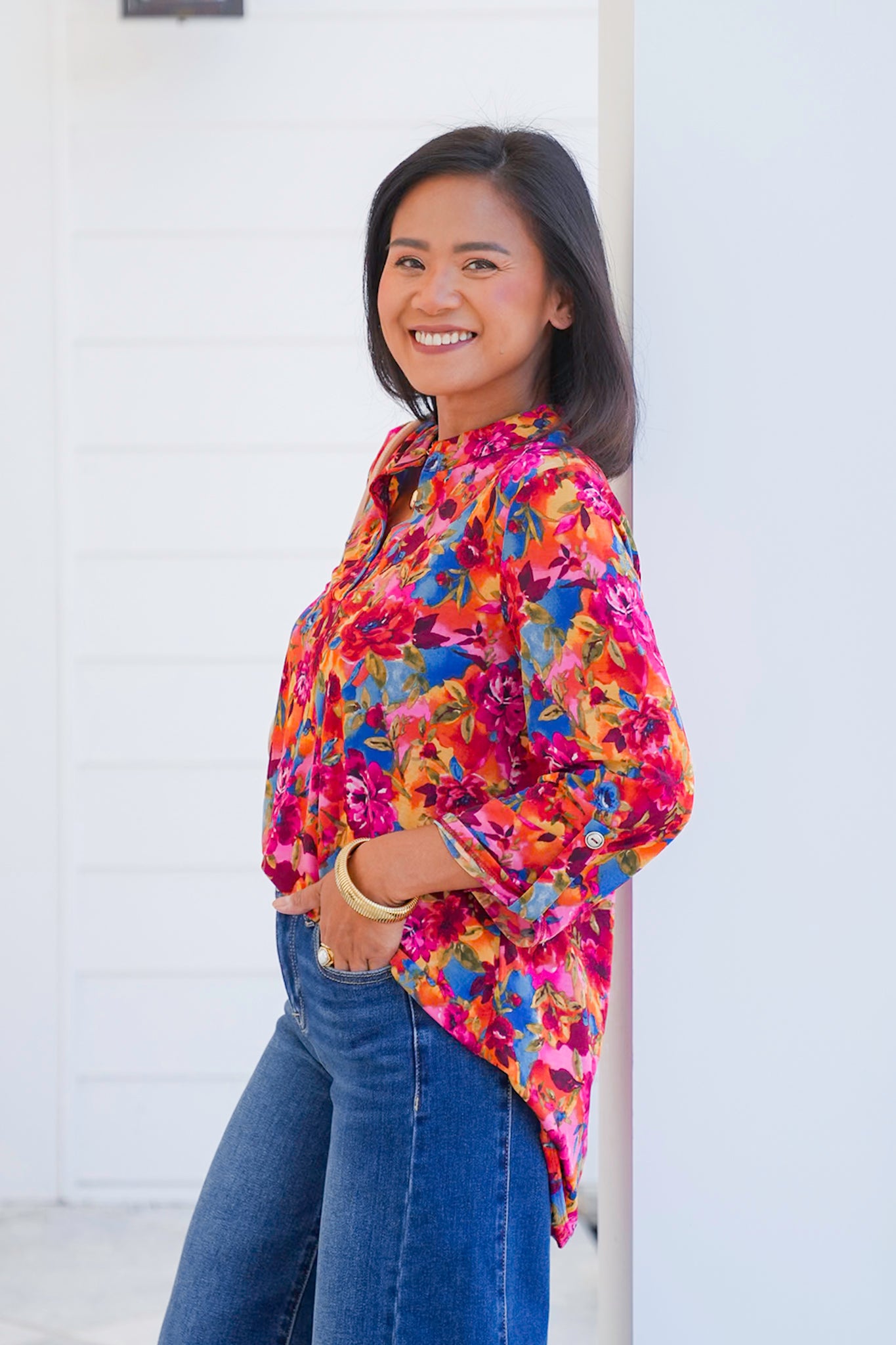 Plus/Reg Floral 3/4 Button Tab Tunic Top