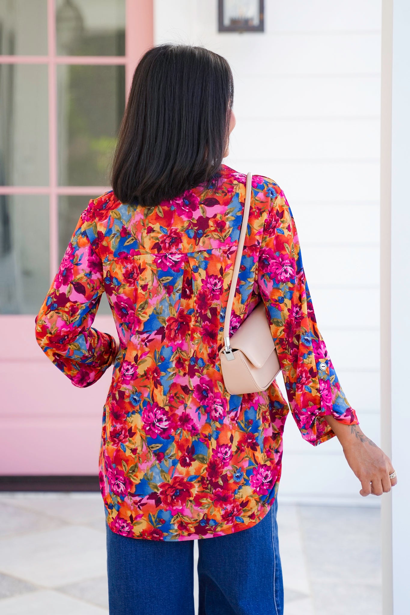 Plus/Reg Floral 3/4 Button Tab Tunic Top