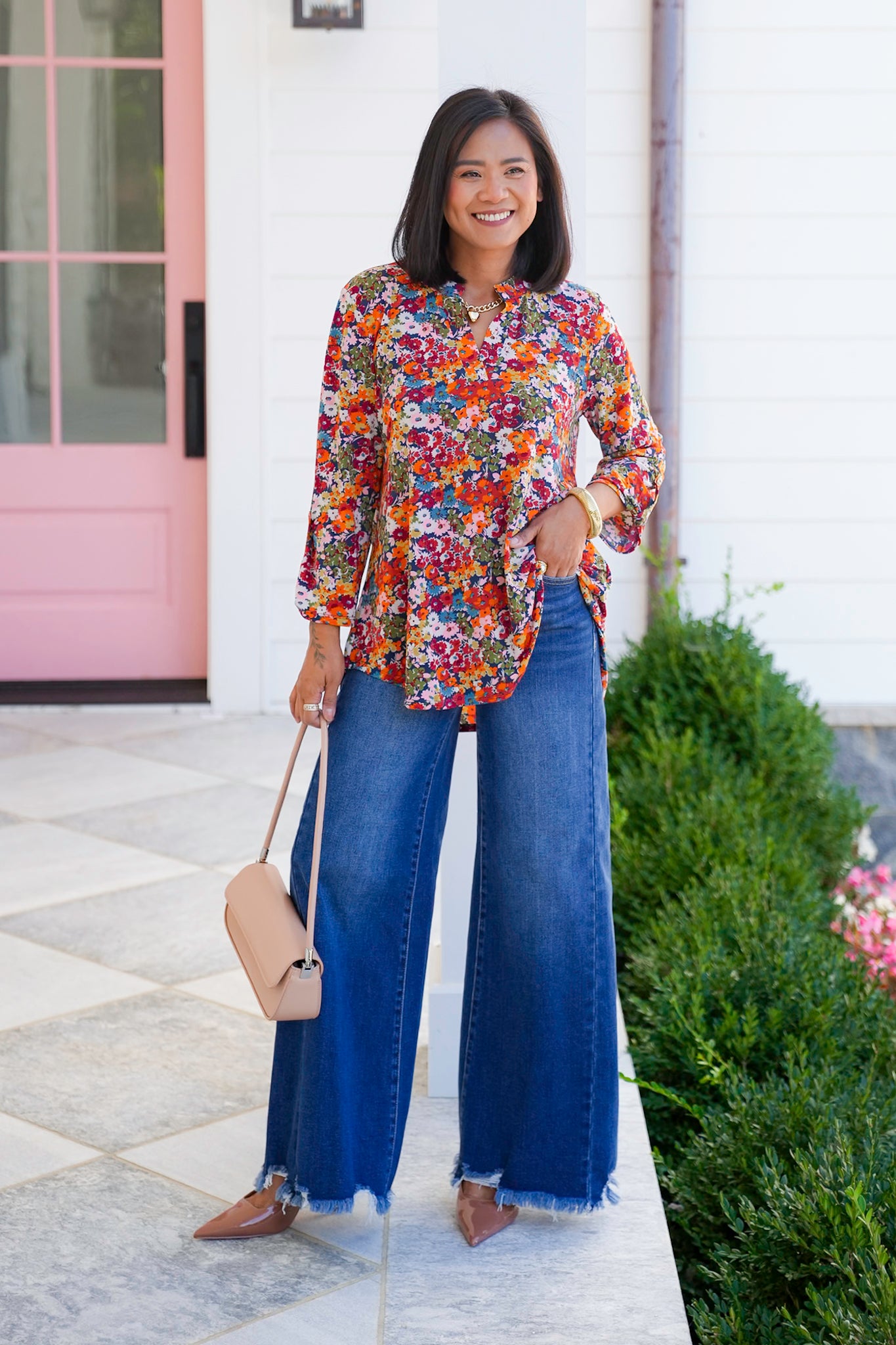 Plus/Reg Navy Floral 3/4 Button Tab Sleeve Tunic Top