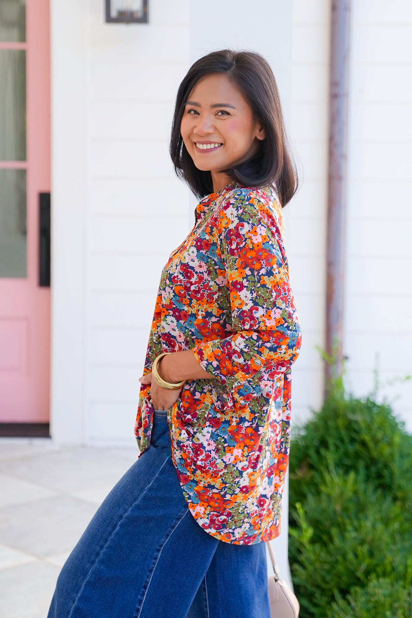 Plus/Reg Navy Floral 3/4 Button Tab Sleeve Tunic Top