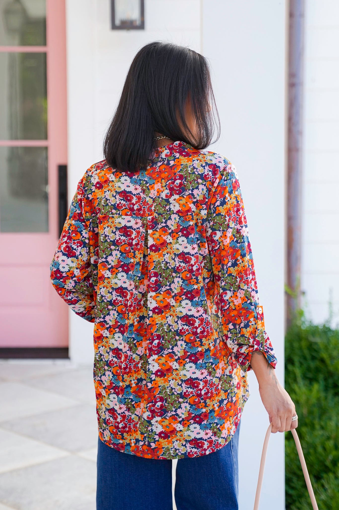 Plus/Reg Navy Floral 3/4 Button Tab Sleeve Tunic Top