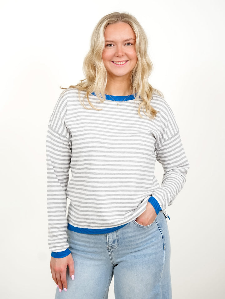 Stripe Long Sleeve Crew Neck Pullover Sweater - Freckled Poppy