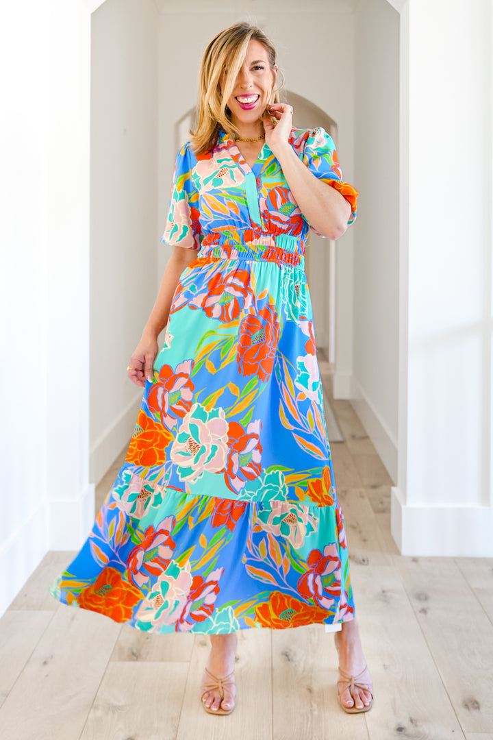 Plus/Reg Floral Short Sleeve Elastic Waist Midi Dress