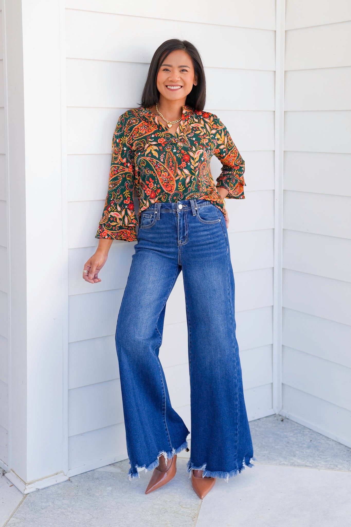 Plus/Reg Paisley Print Long Bell Sleeve Tunic Top