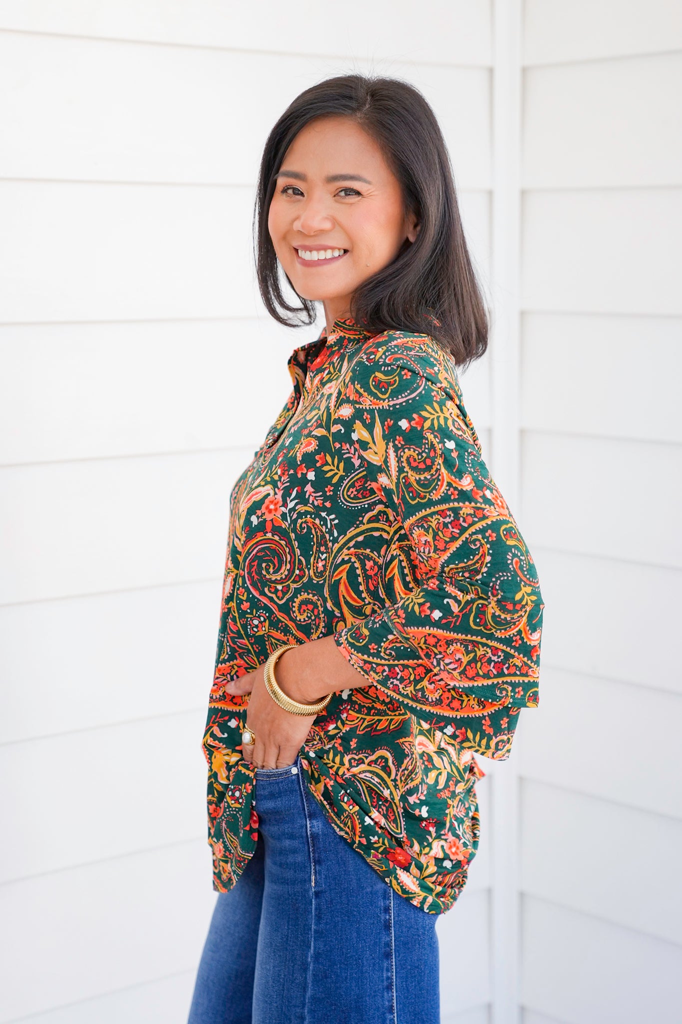 Plus/Reg Paisley Print Long Bell Sleeve Tunic Top