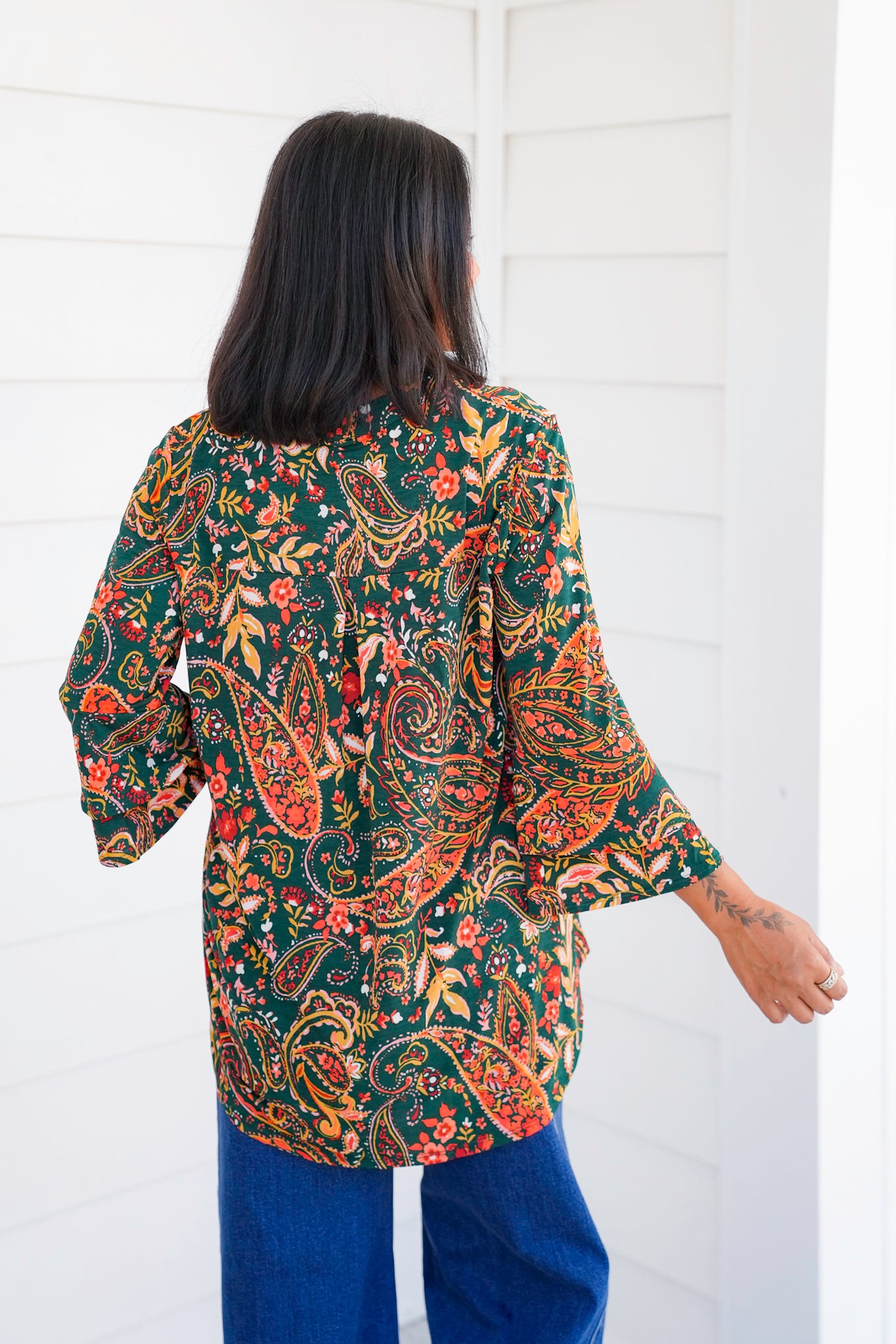 Plus/Reg Paisley Print Long Bell Sleeve Tunic Top