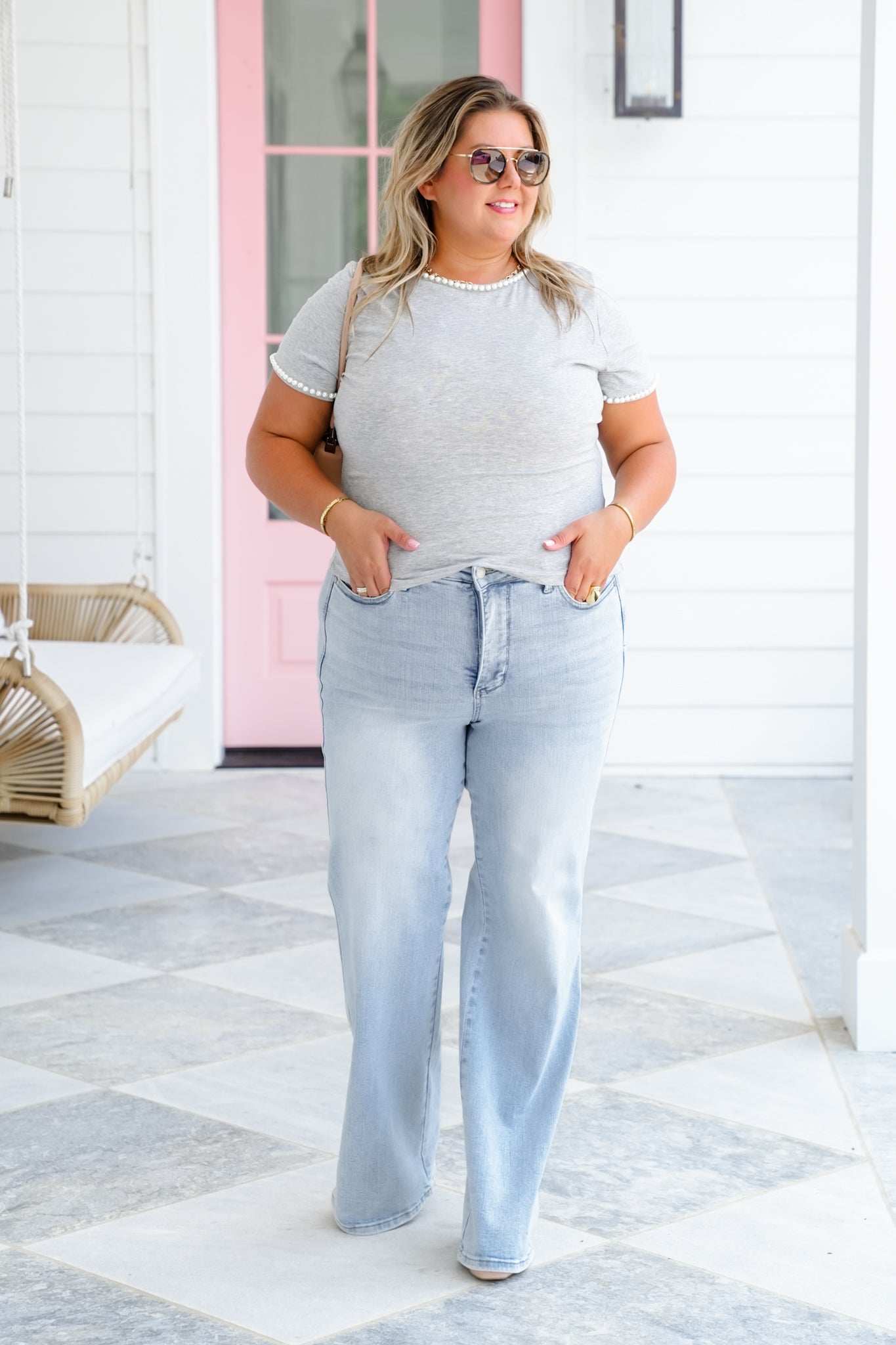 Plus/Reg Short Sleeve Knit Top with Pearl Detail