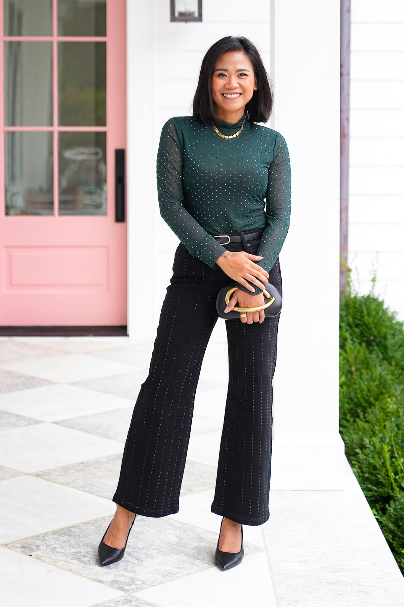 Mesh Long Sleeve Mock Neck Top with Crystals