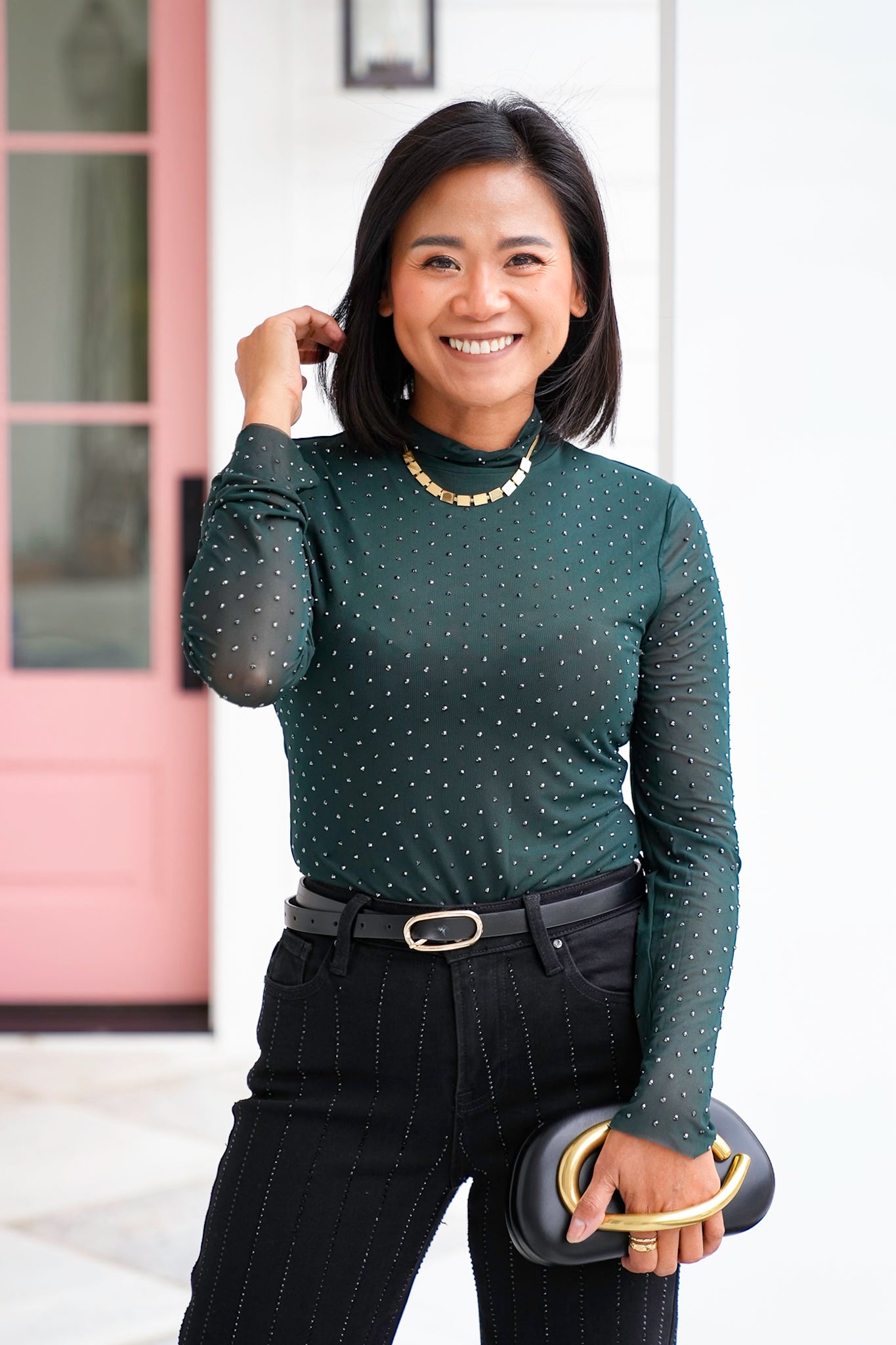 Mesh Long Sleeve Mock Neck Top with Crystals