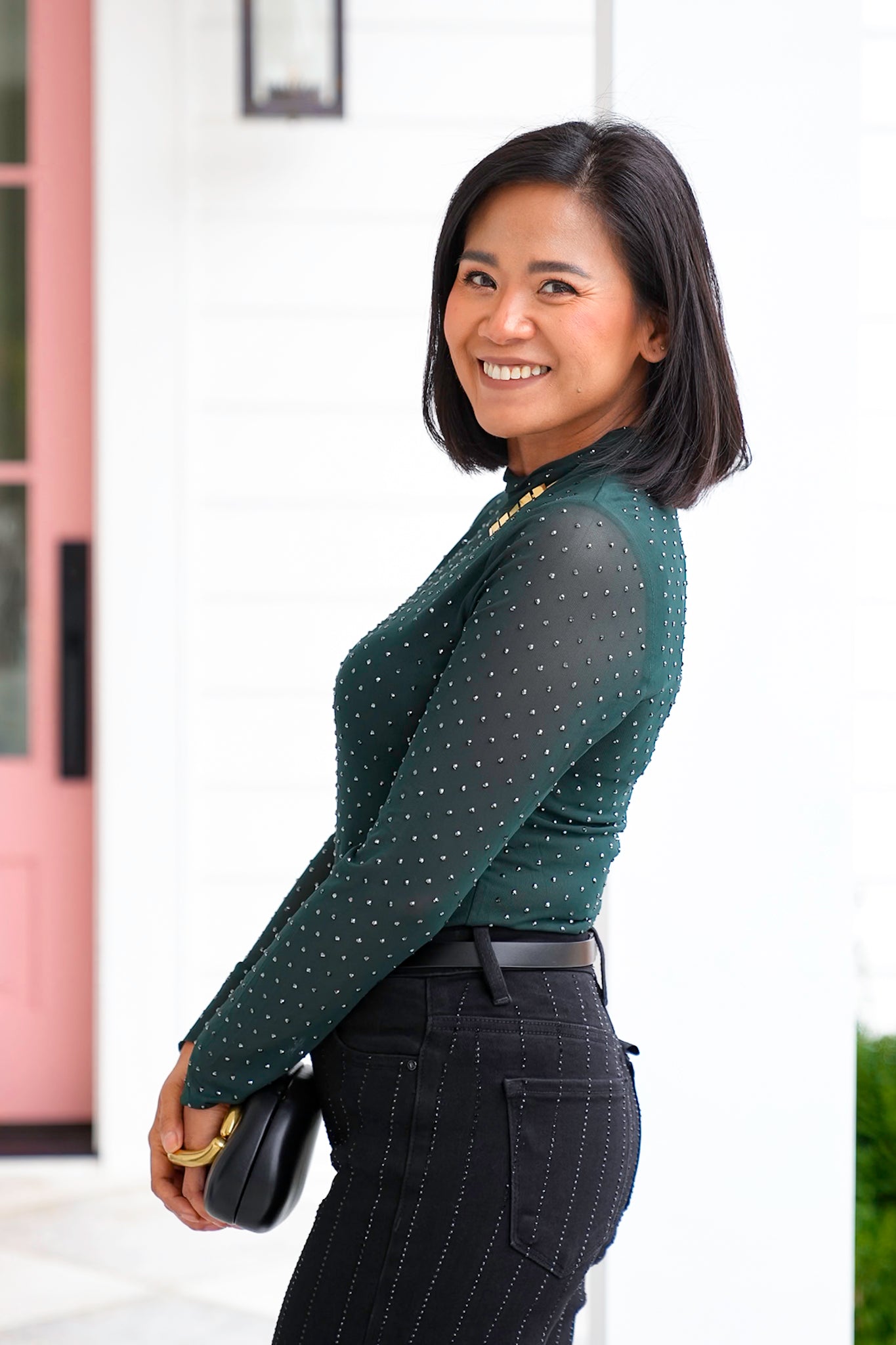 Mesh Long Sleeve Mock Neck Top with Crystals