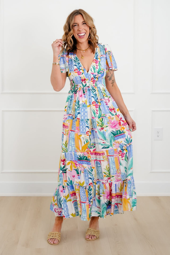 Floral Print Short Sleeve Deep V Neck Tiered Maxi Dress - Freckled Poppy