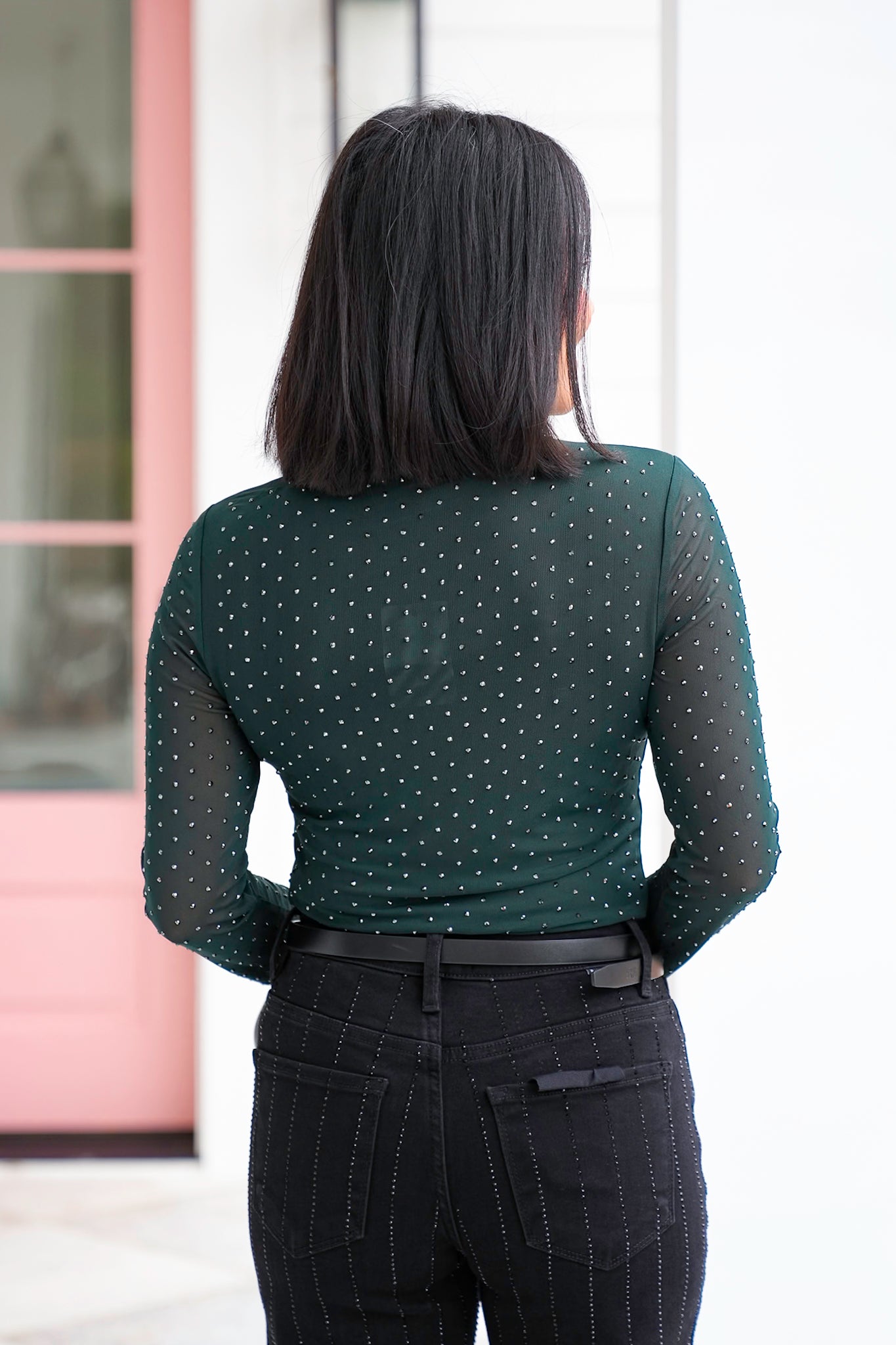 Mesh Long Sleeve Mock Neck Top with Crystals