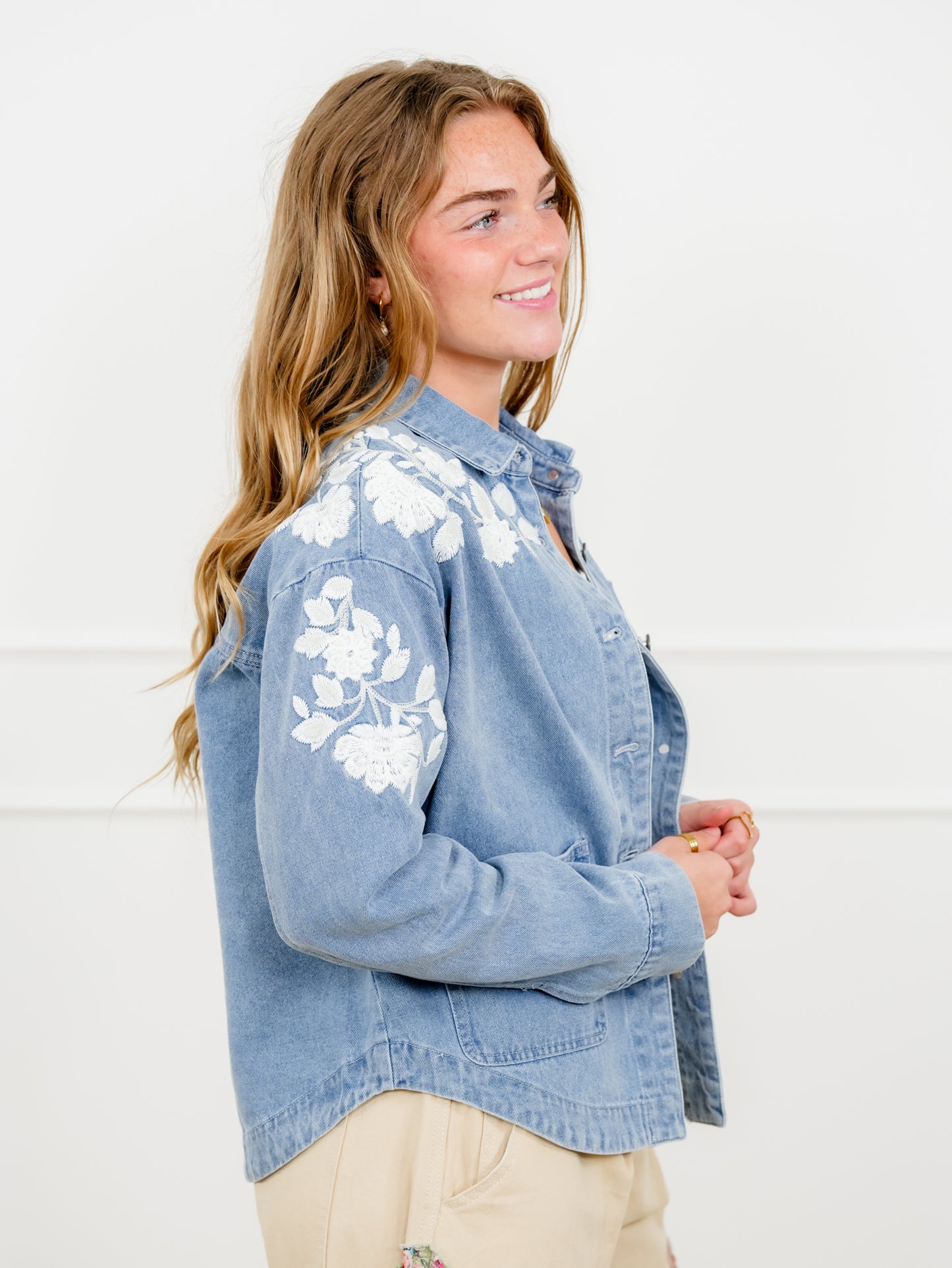 Veveret Medium Wash Long Sleeve Jacket with Floral Detail