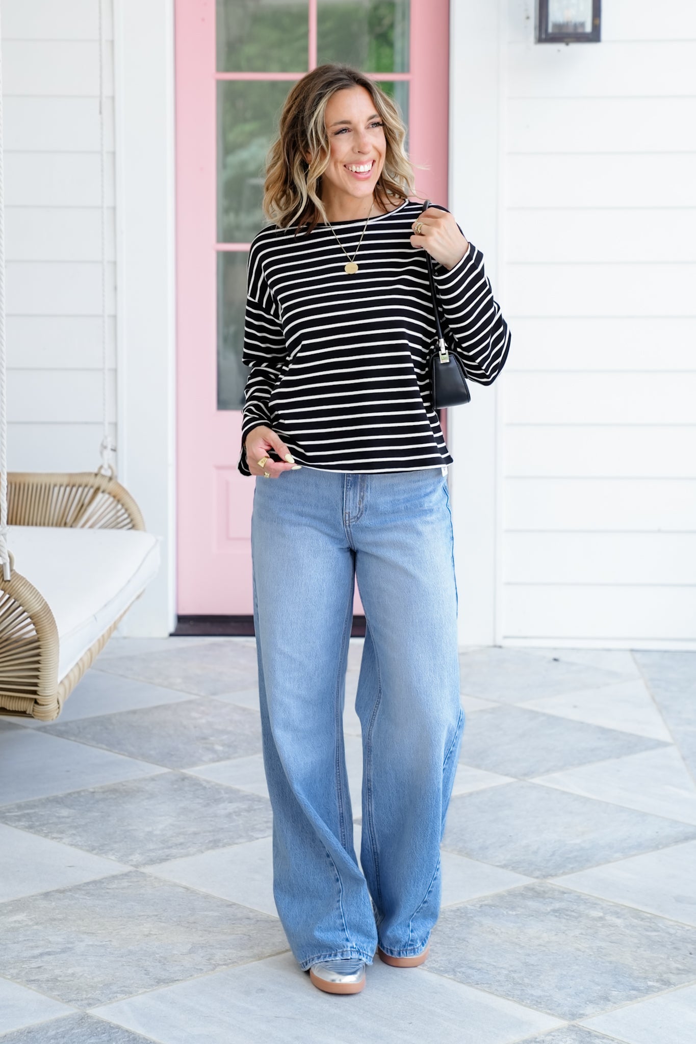 Stripe Pattern Long Sleeve Round Neck Top