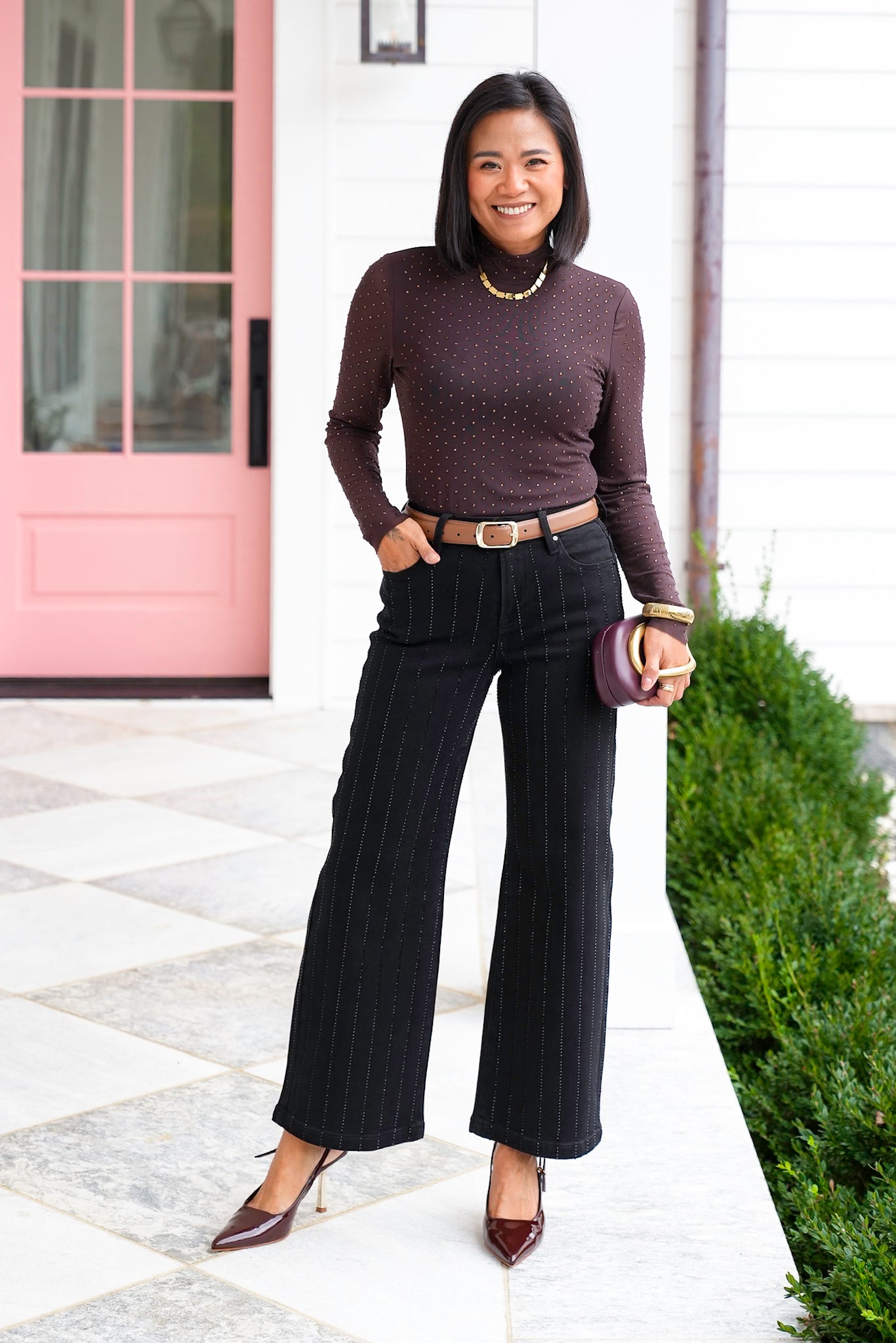 Mesh Long Sleeve Mock Neck Top with Crystals