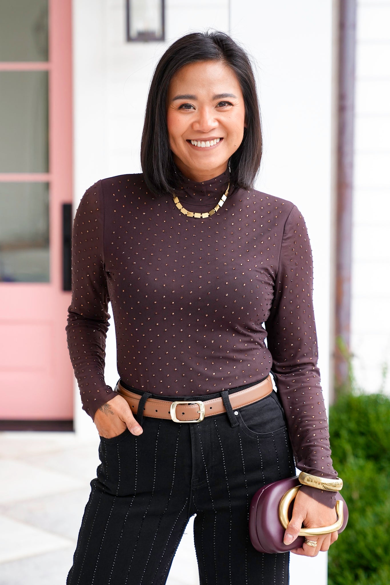 Mesh Long Sleeve Mock Neck Top with Crystals