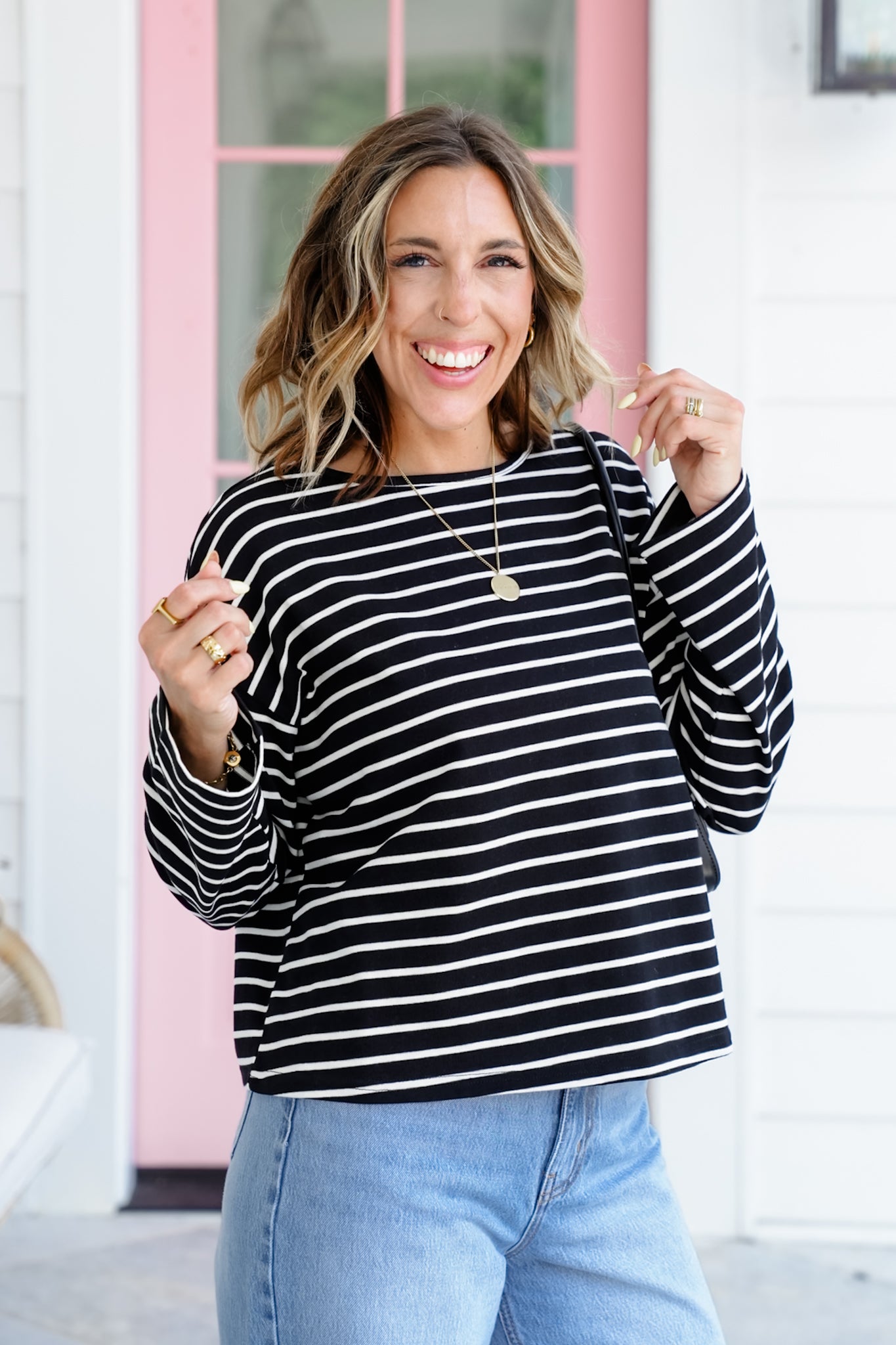 Stripe Pattern Long Sleeve Round Neck Top