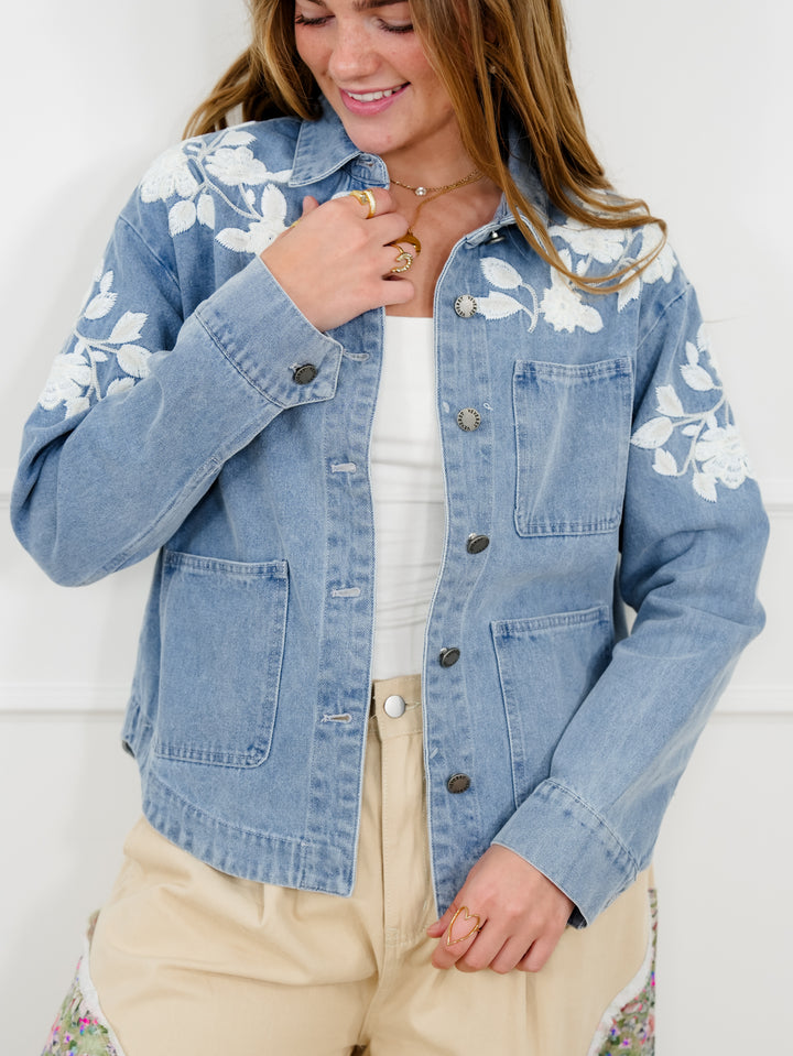 Veveret Medium Wash Long Sleeve Jacket with Floral Detail