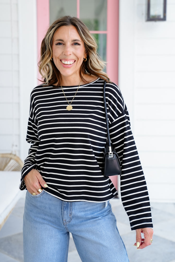 Stripe Pattern Long Sleeve Round Neck Top
