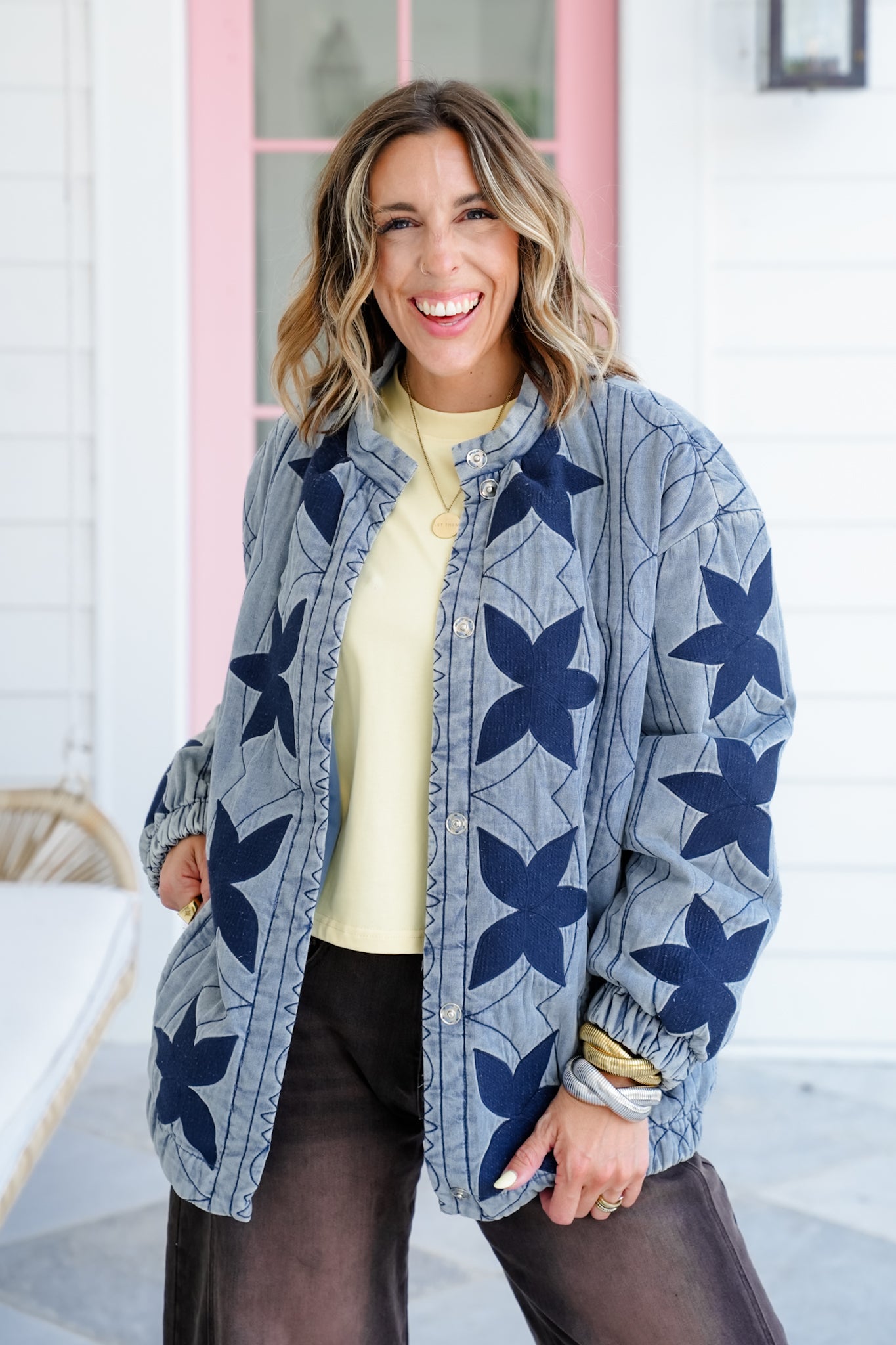 Quilted Long Sleeve Snap Button Down Jacket