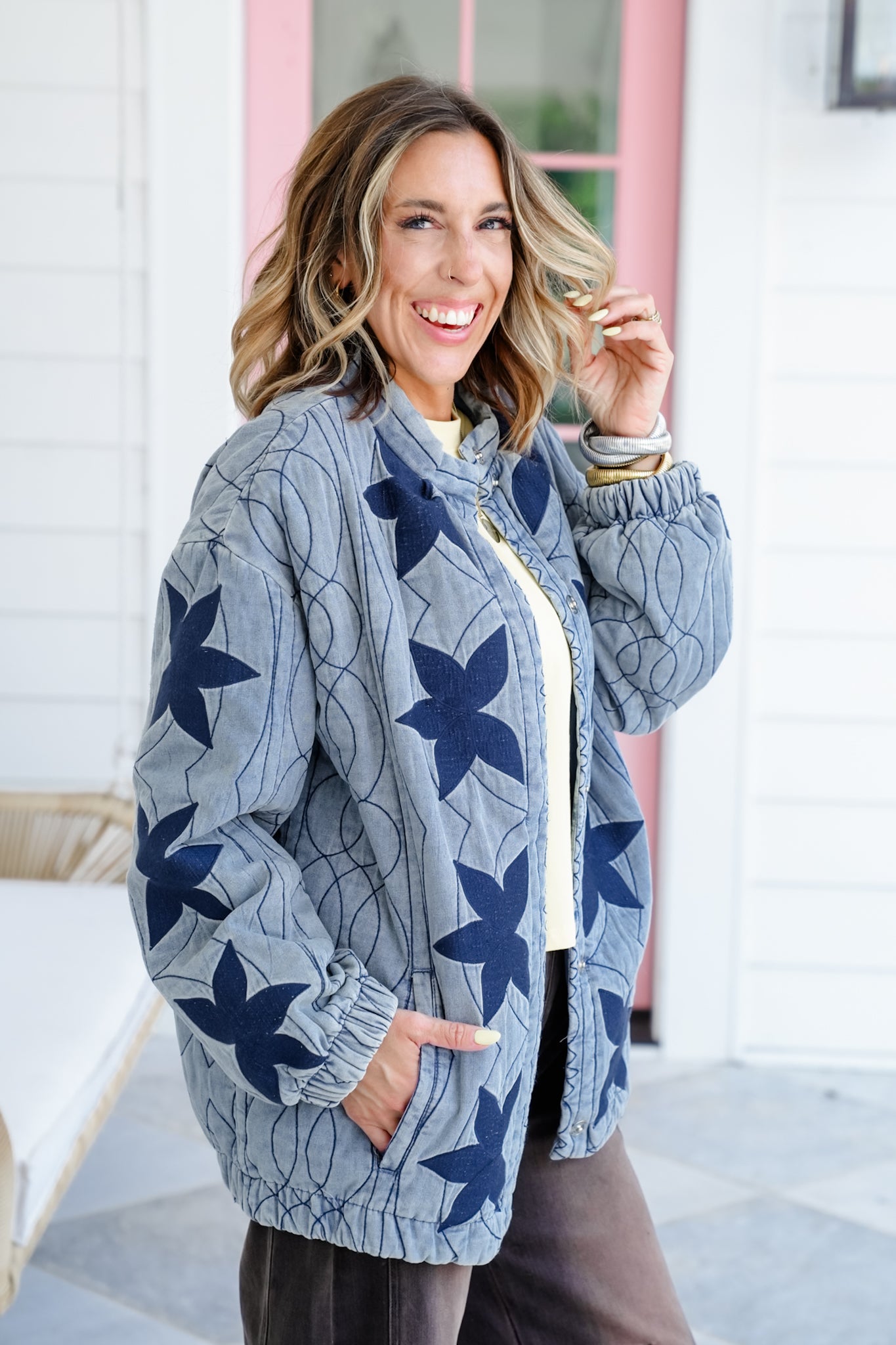 Quilted Long Sleeve Snap Button Down Jacket