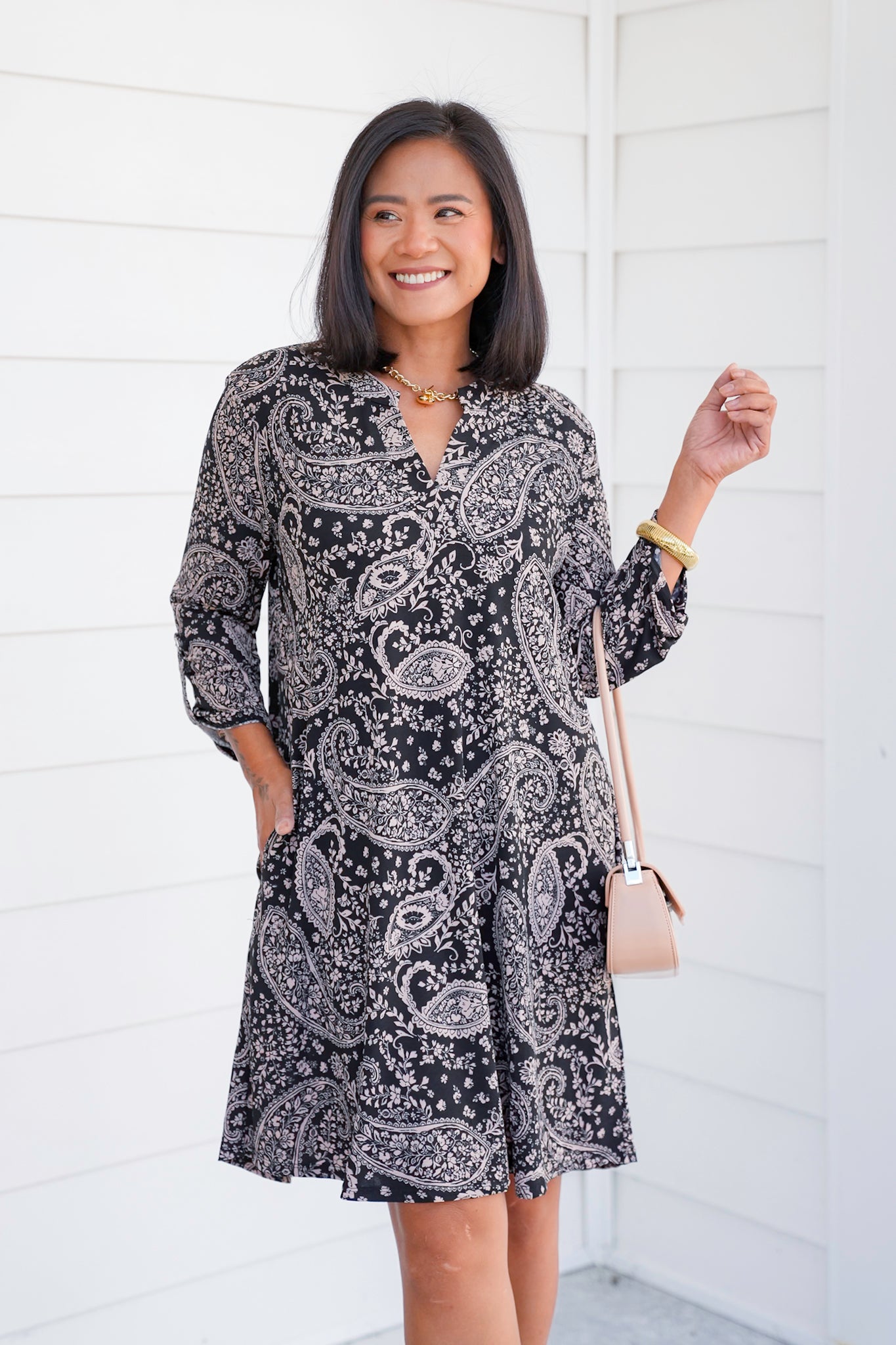 Doorbuster! Plus/Reg Paisley Button Tab Sleeve Dress