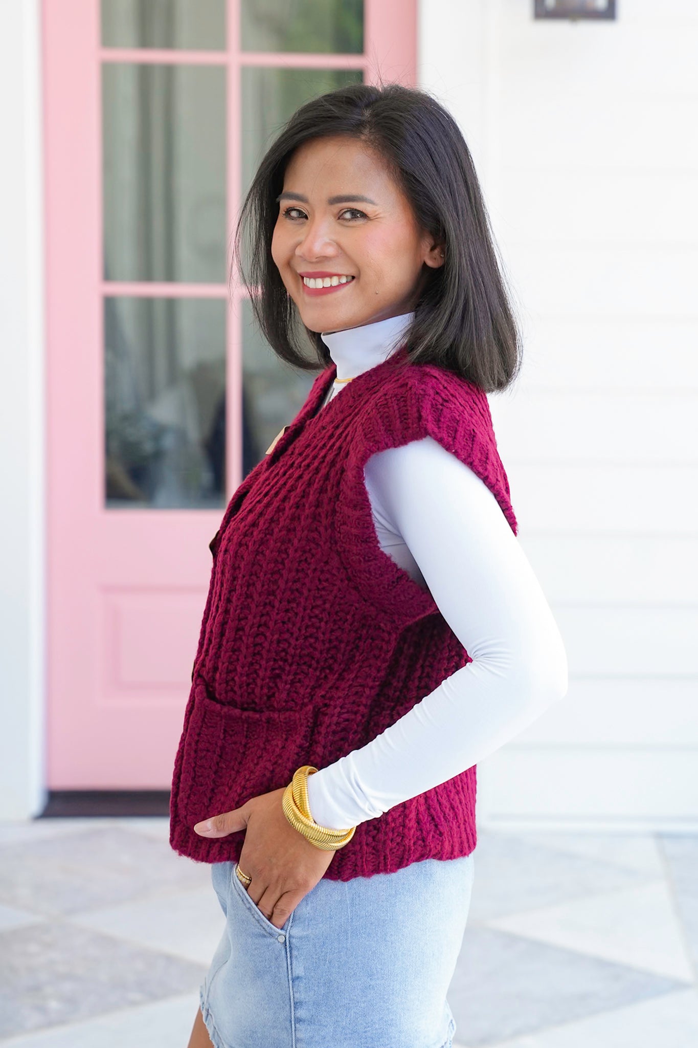 Chunky Knit Button Down Vest with Front Patch Pockets