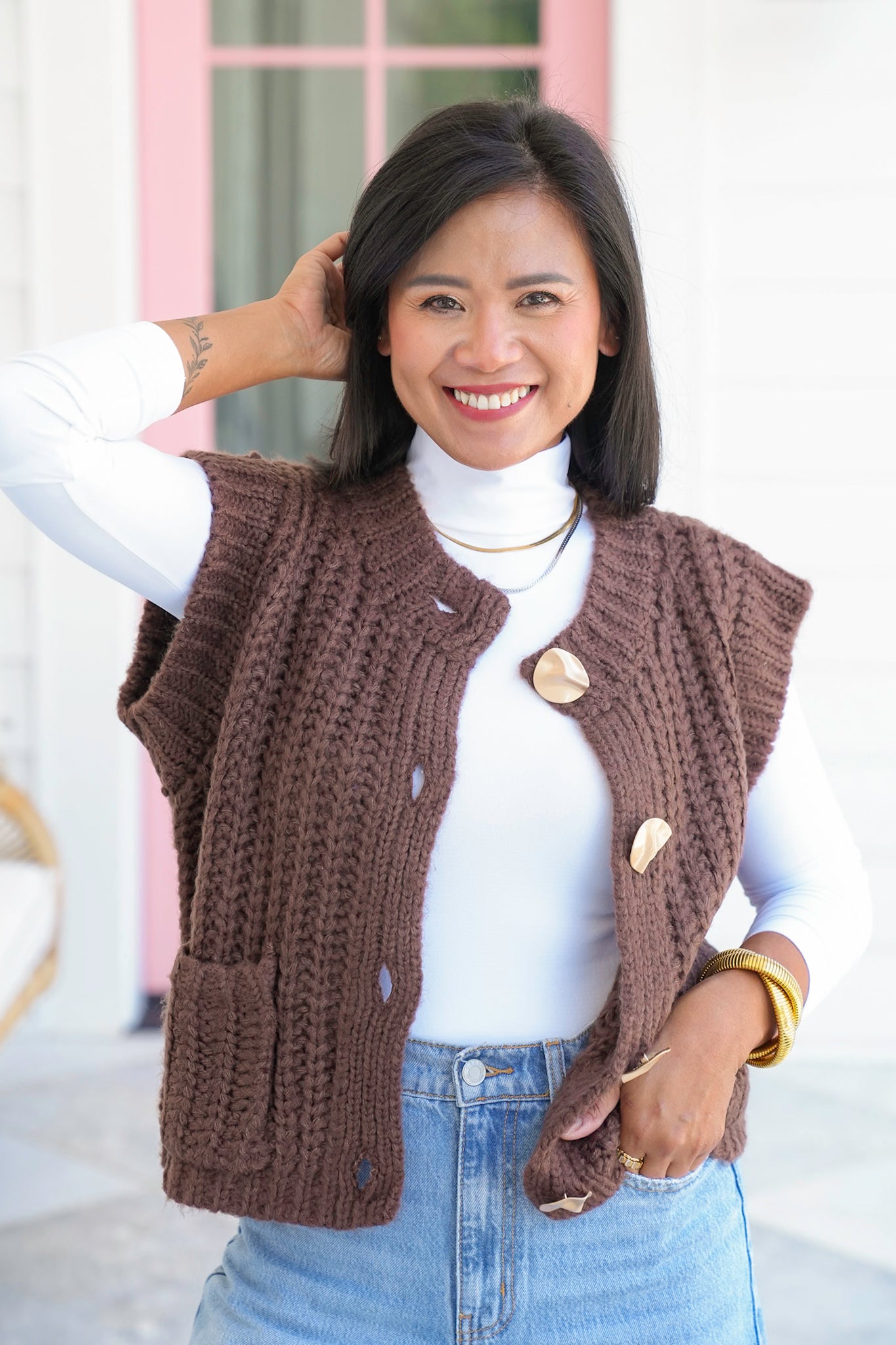 Chunky Knit Button Down Vest with Front Patch Pockets