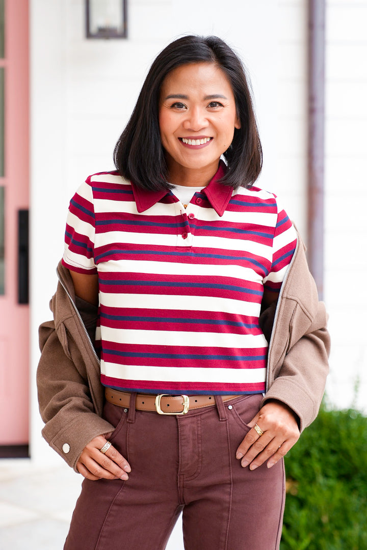 Stripe Short Sleeve Collar Crop Top