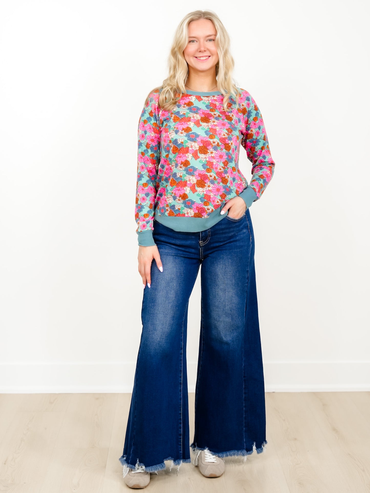 Floral Print Long Sleeve Top with Contrast Trim