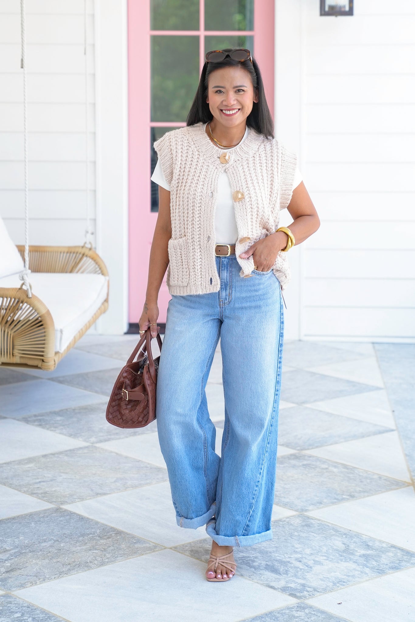 Chunky Knit Button Down Vest with Front Patch Pockets