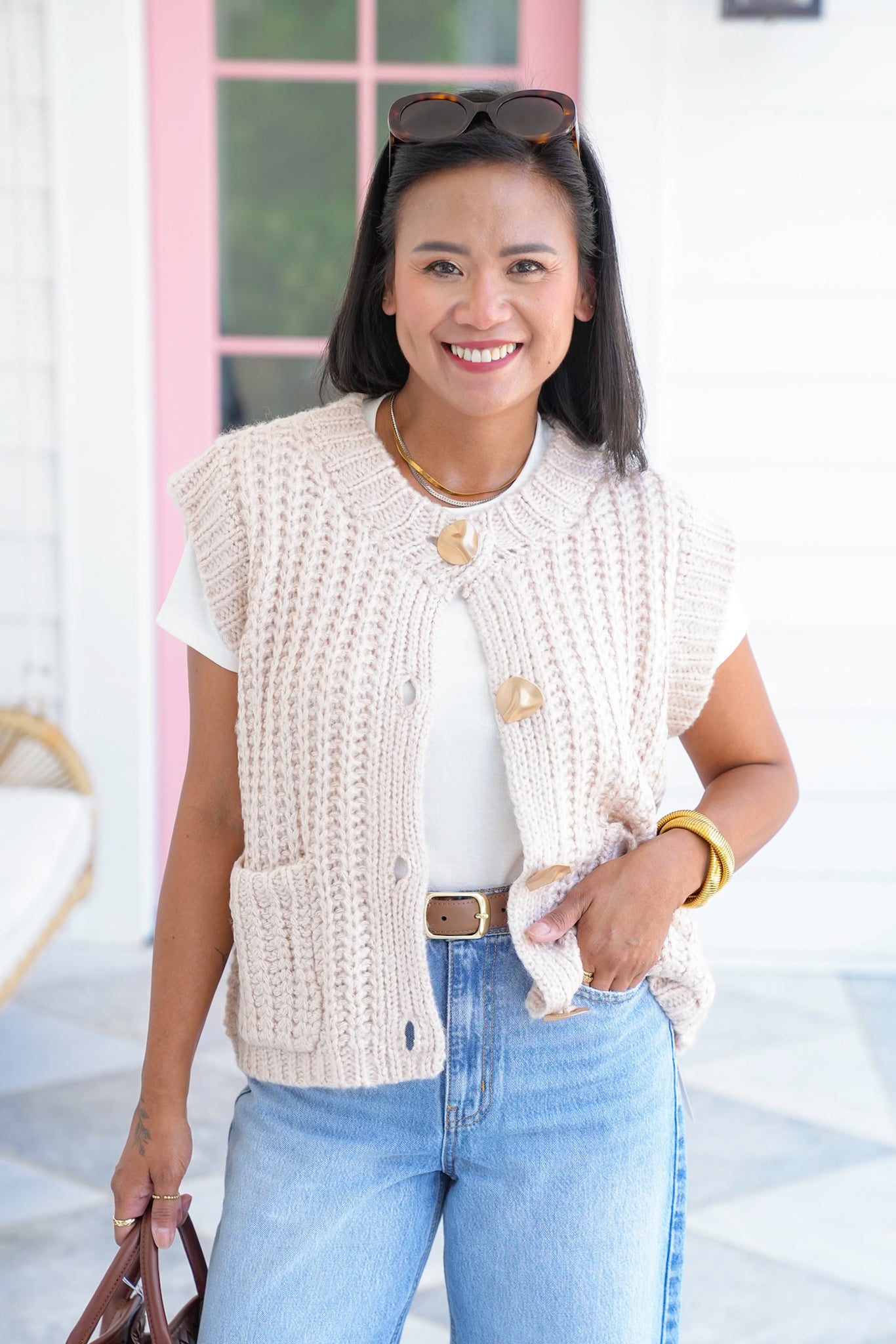 Chunky Knit Button Down Vest with Front Patch Pockets