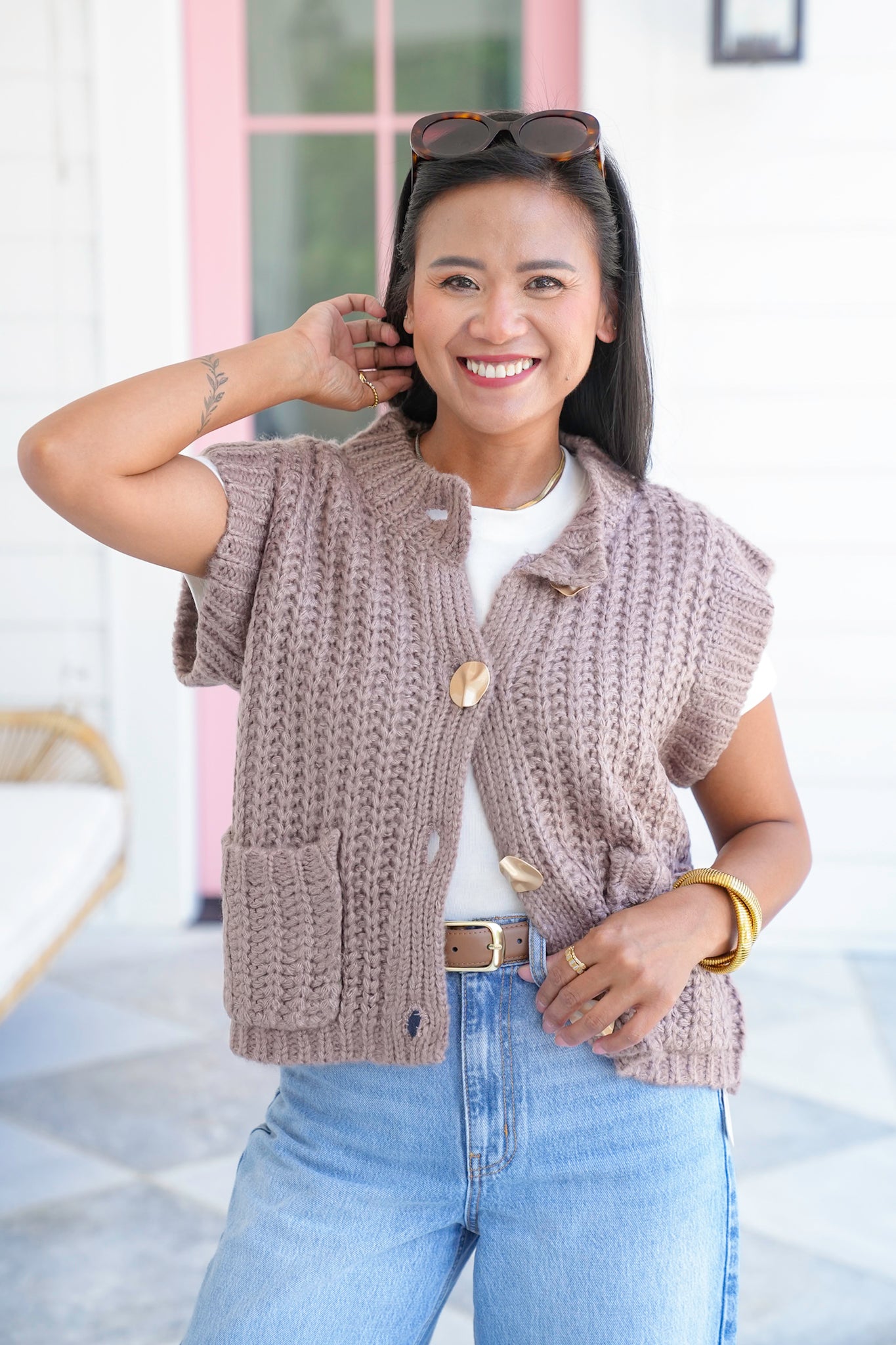 Chunky Knit Button Down Vest with Front Patch Pockets