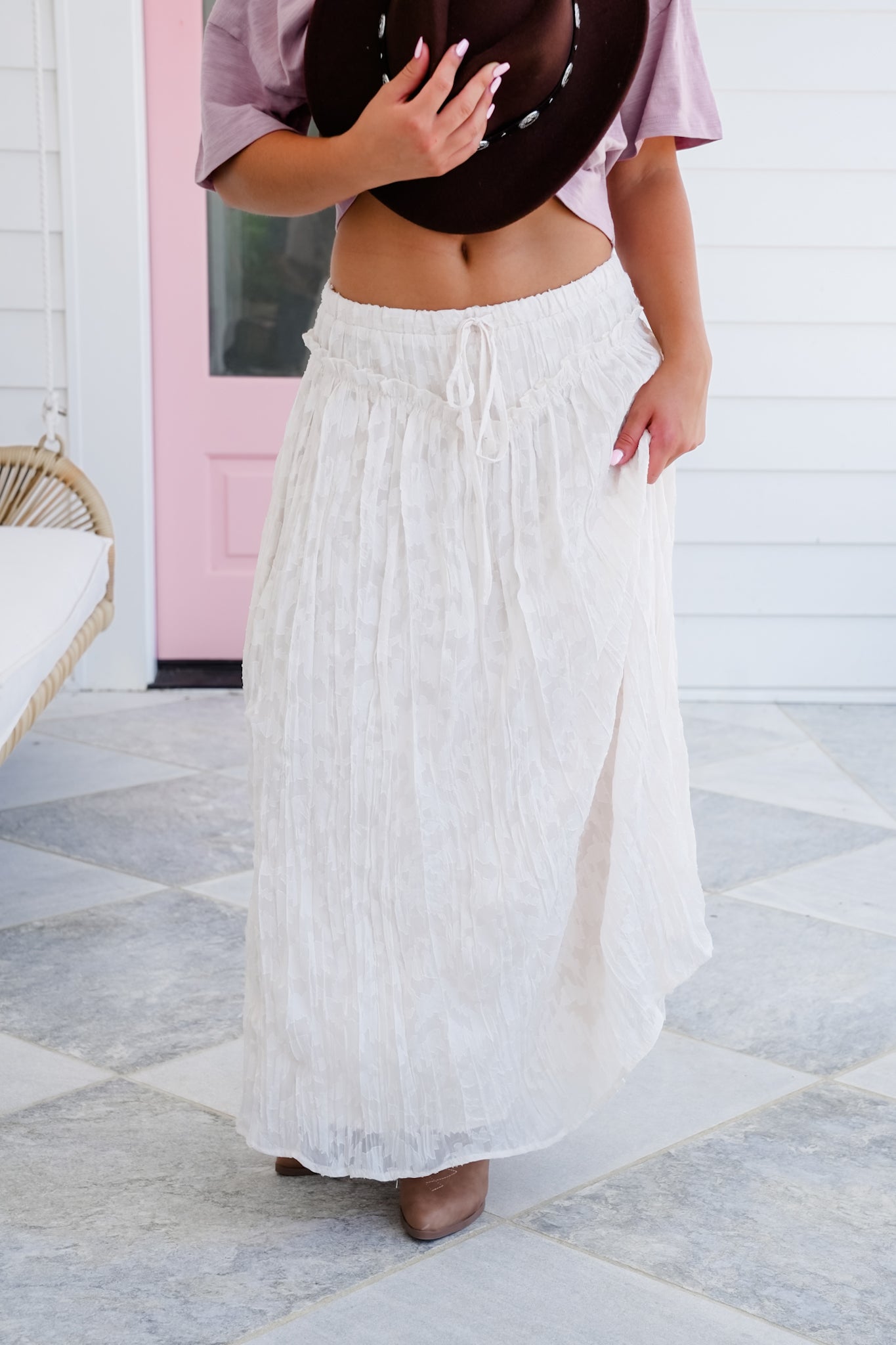 Lace Ruffle Elastic Waist Maxi Skirt