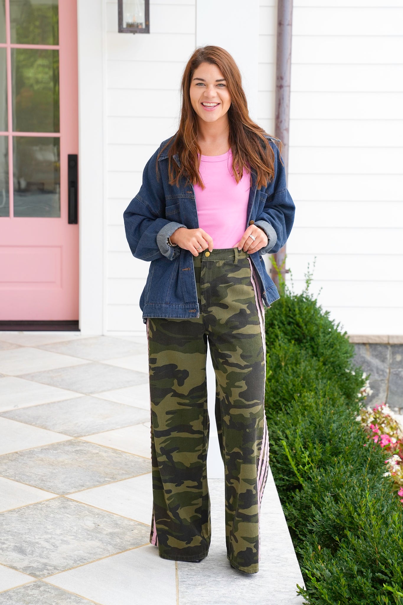 Plus/Reg Camo Print Pants with Lace Side Trim