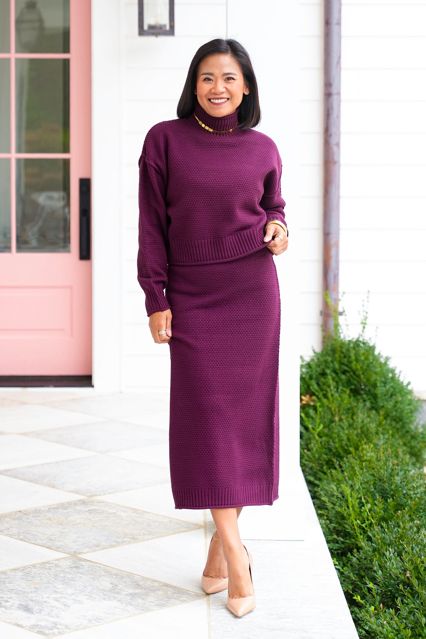 Textured High Neck Sweater Top and Skirt Set
