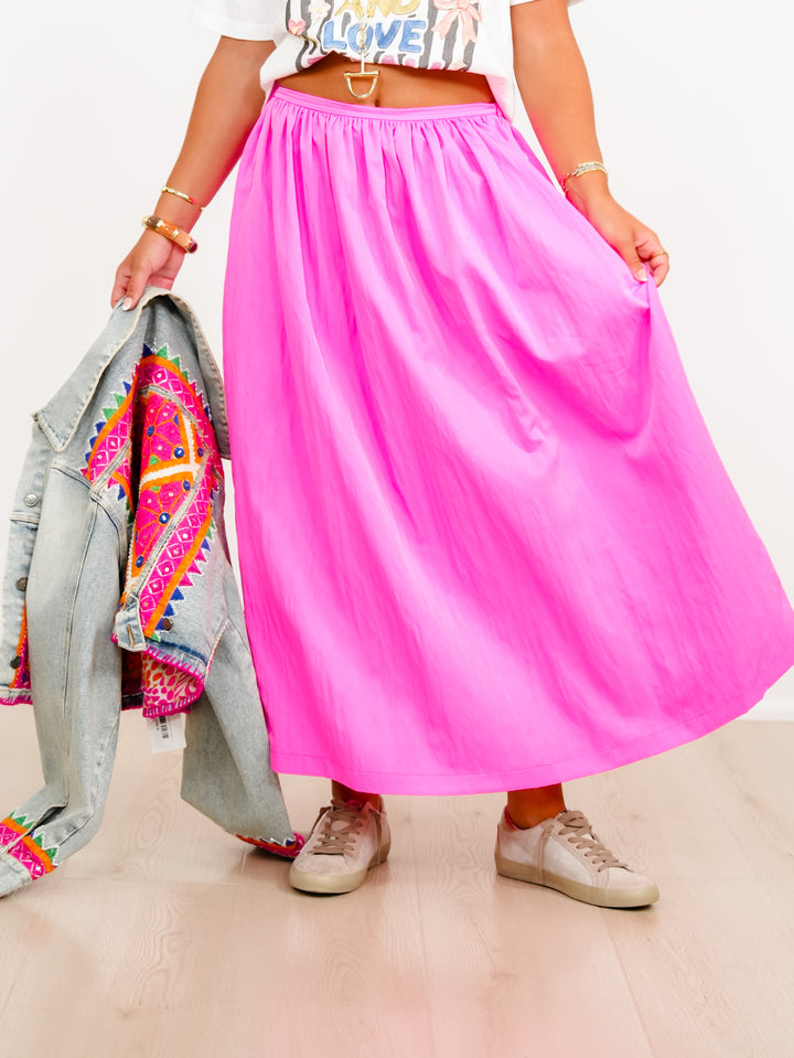 Pink Elastic Waist Midi Skirt with Side Pockets