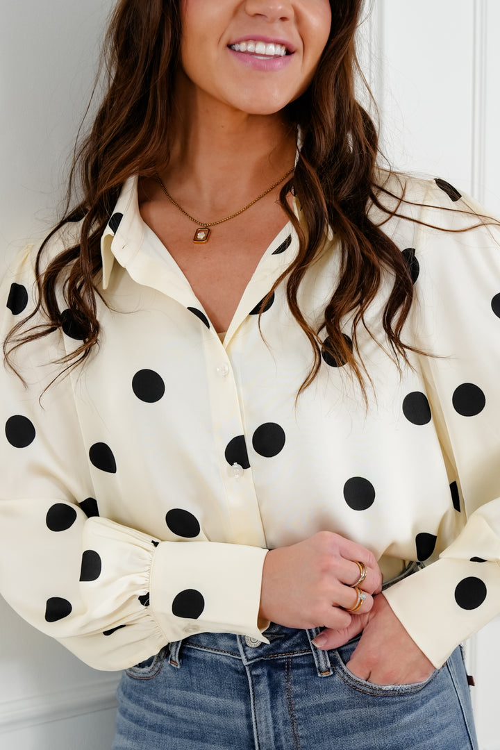 Polka Dot Print Long Sleeve Button Up Blouse
