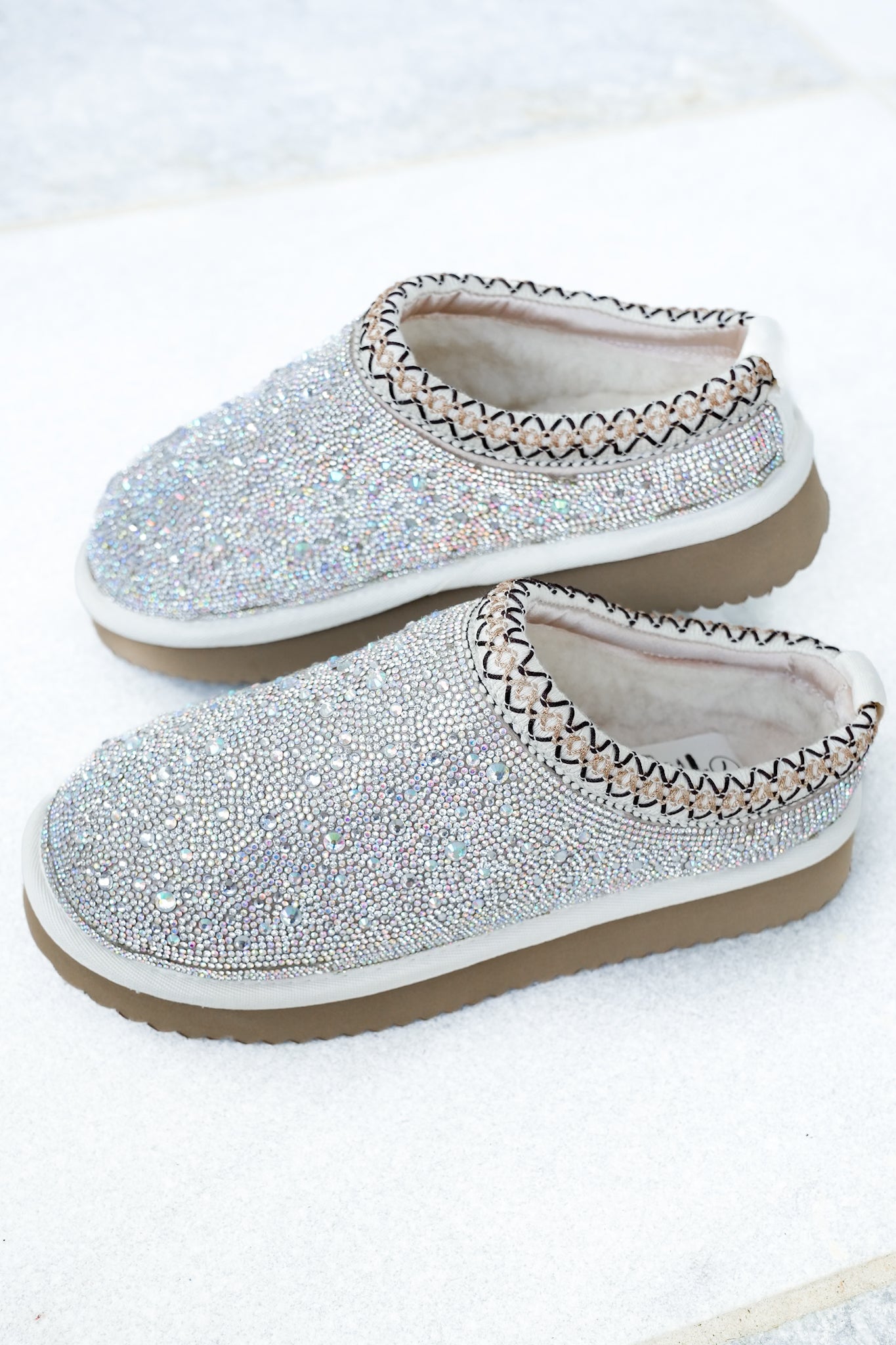 Corky's "Sleepy Head" Sparkly Rhinestone Slip On Slippers with Embroidered Trim