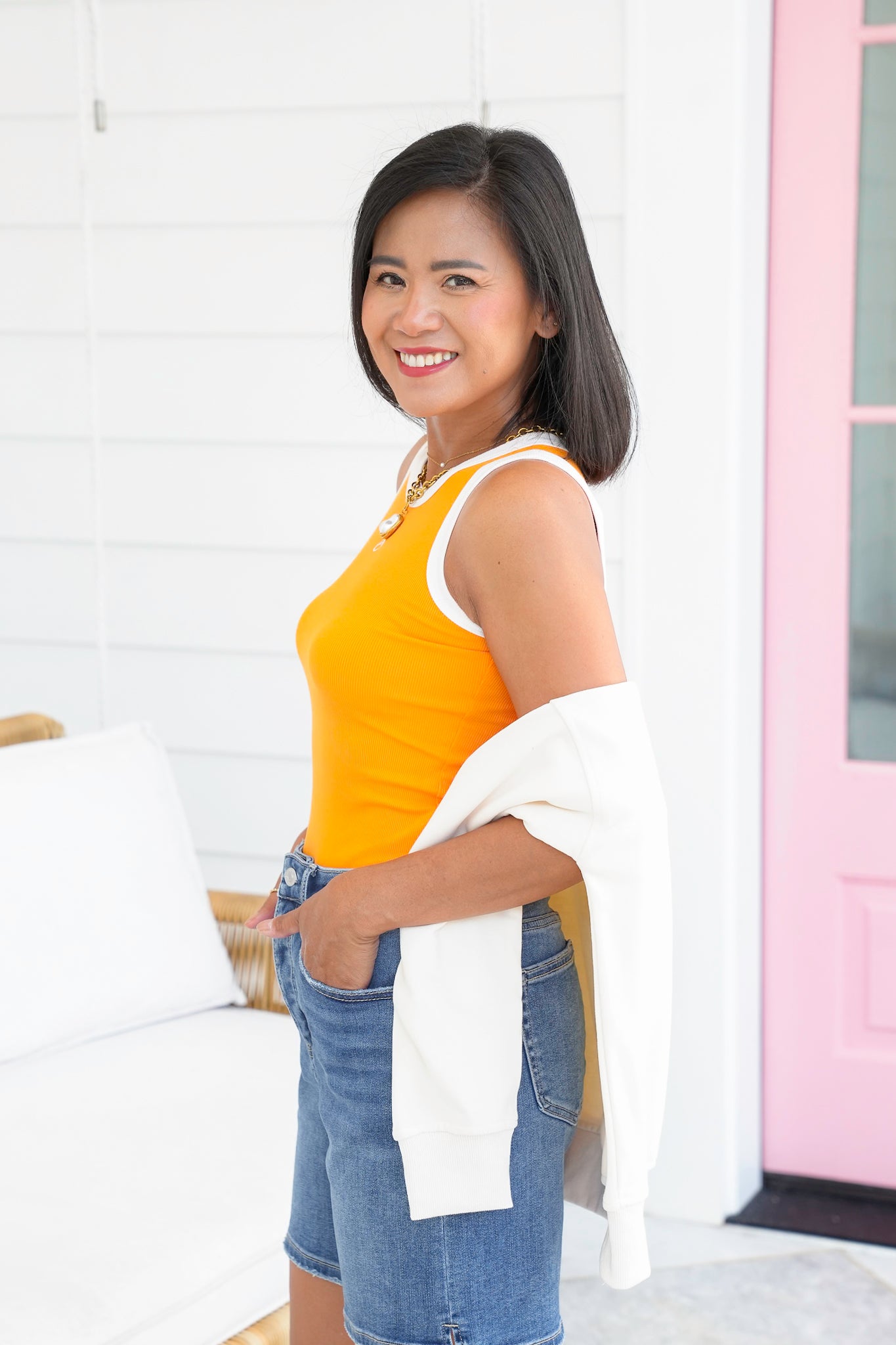 Football Embroidery Tank Top with Trim Detail
