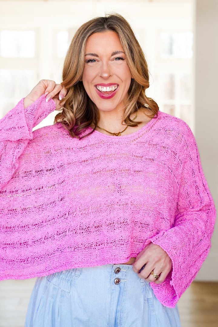 POL Cable Knit Long Sleeve Round Neck Cropped Sweater - Freckled Poppy