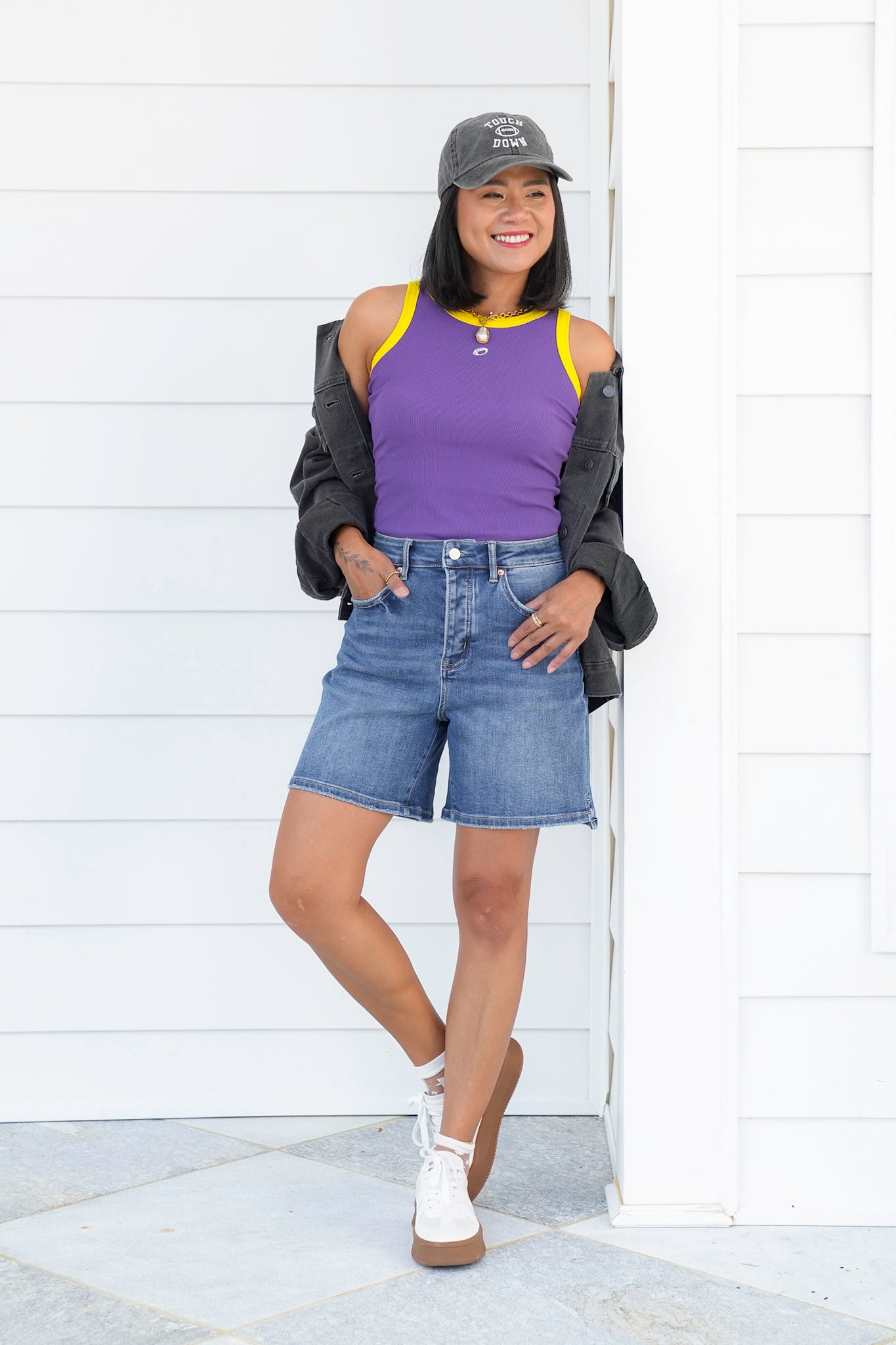 Football Embroidery Tank Top with Trim Detail