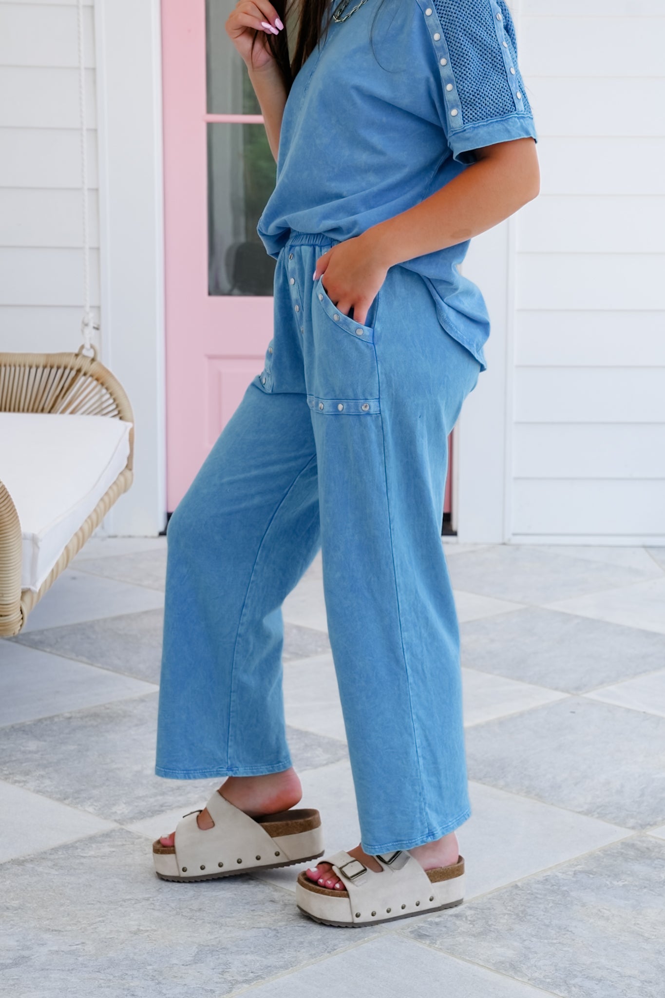 Mineral Wash Elastic Waist Pants with Stud Detail
