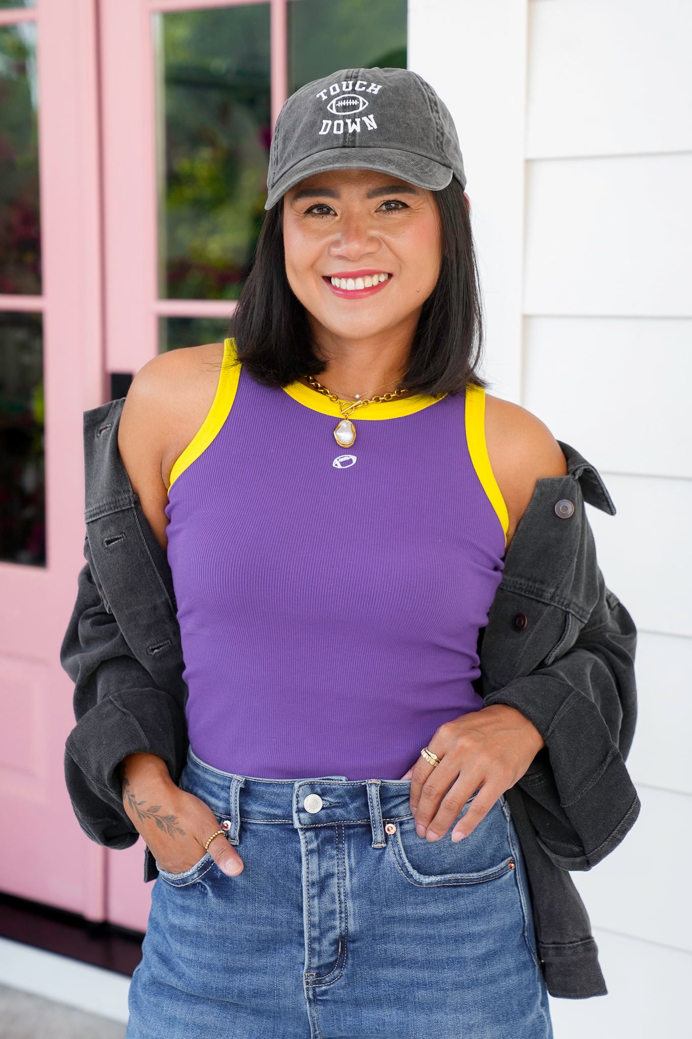 Football Embroidery Tank Top with Trim Detail